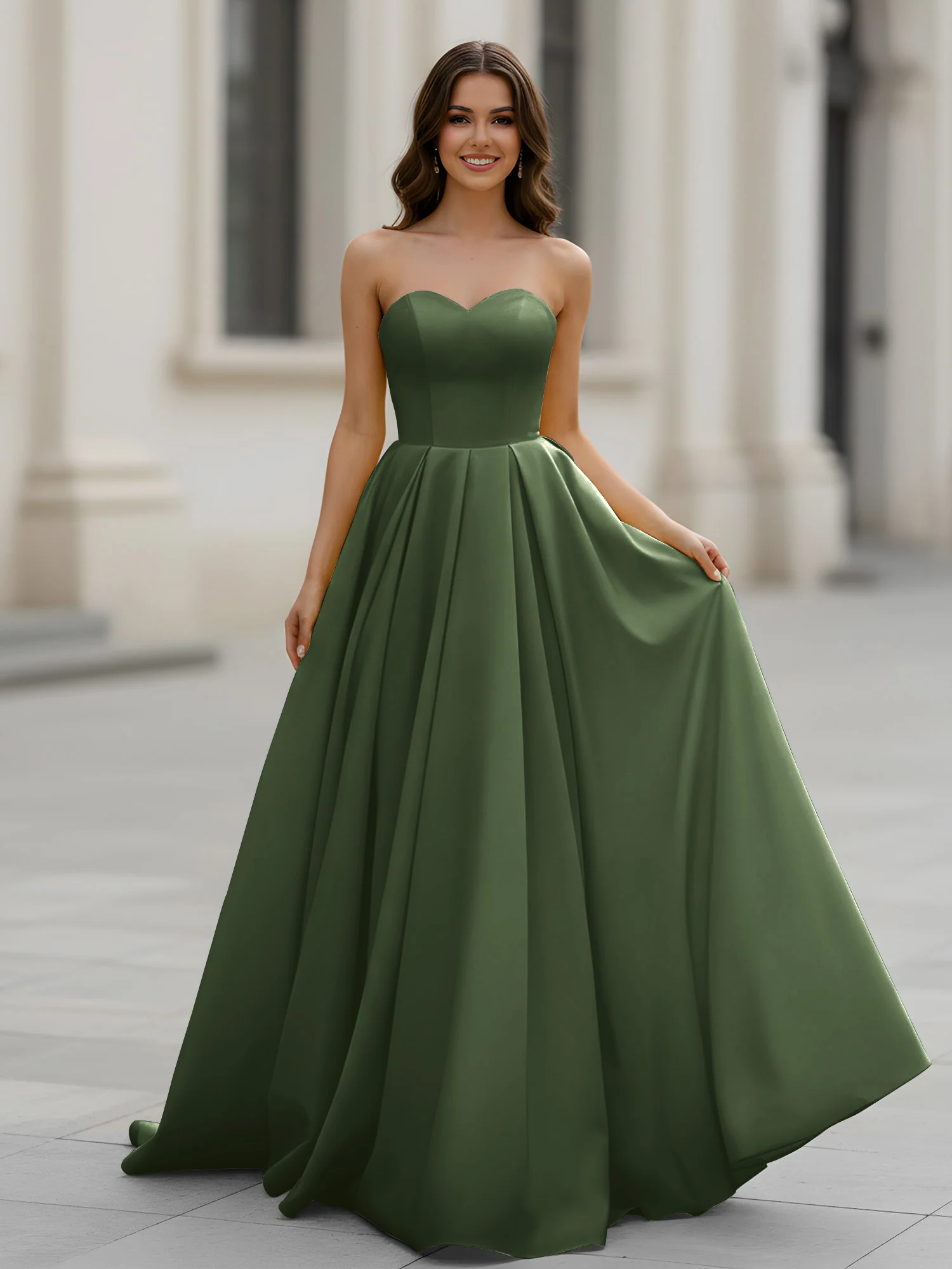 Sweetheart Neck A-Line Ruched Sweep Train Gown Olive Green