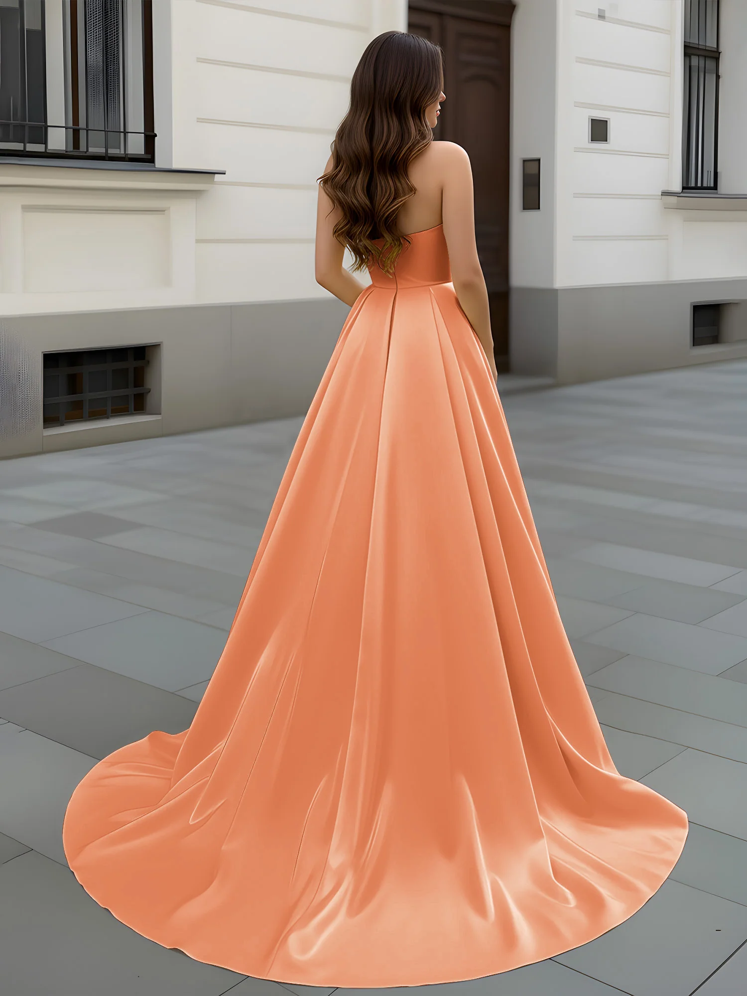 Sweetheart Neck A-Line Ruched Sweep Train Gown Papaya - Image 2