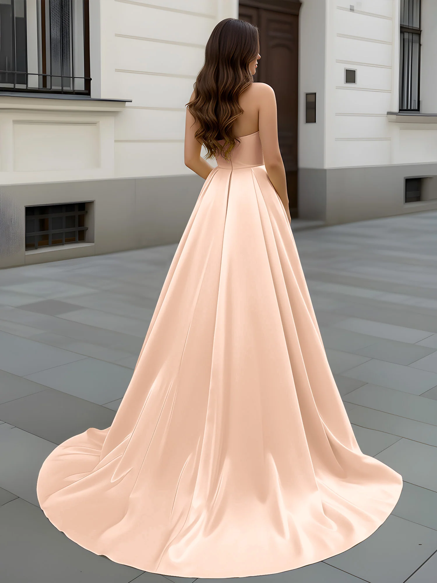 Sweetheart Neck A-Line Ruched Sweep Train Gown Peach - Image 2