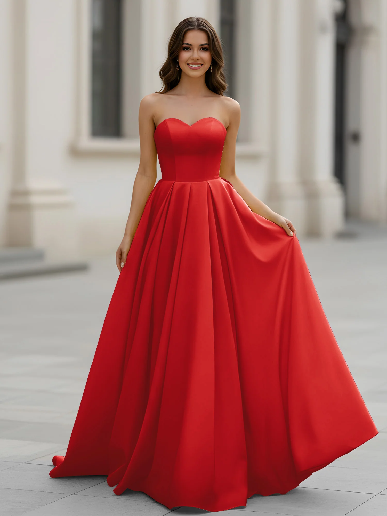 Sweetheart Neck A-Line Ruched Sweep Train Gown Red