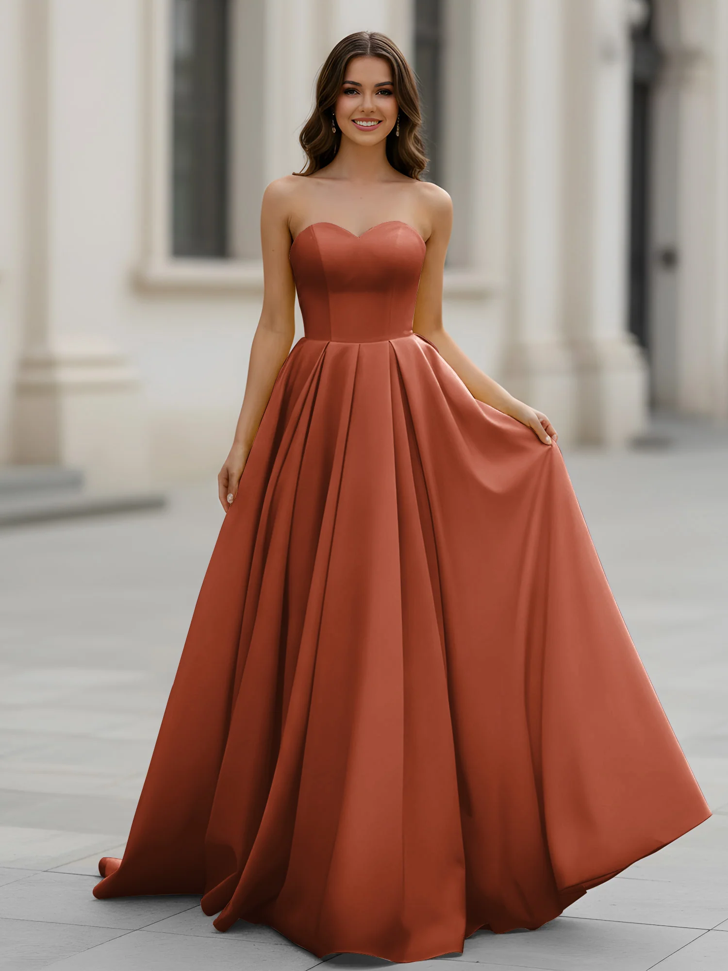 Sweetheart Neck A-Line Ruched Sweep Train Gown Rust