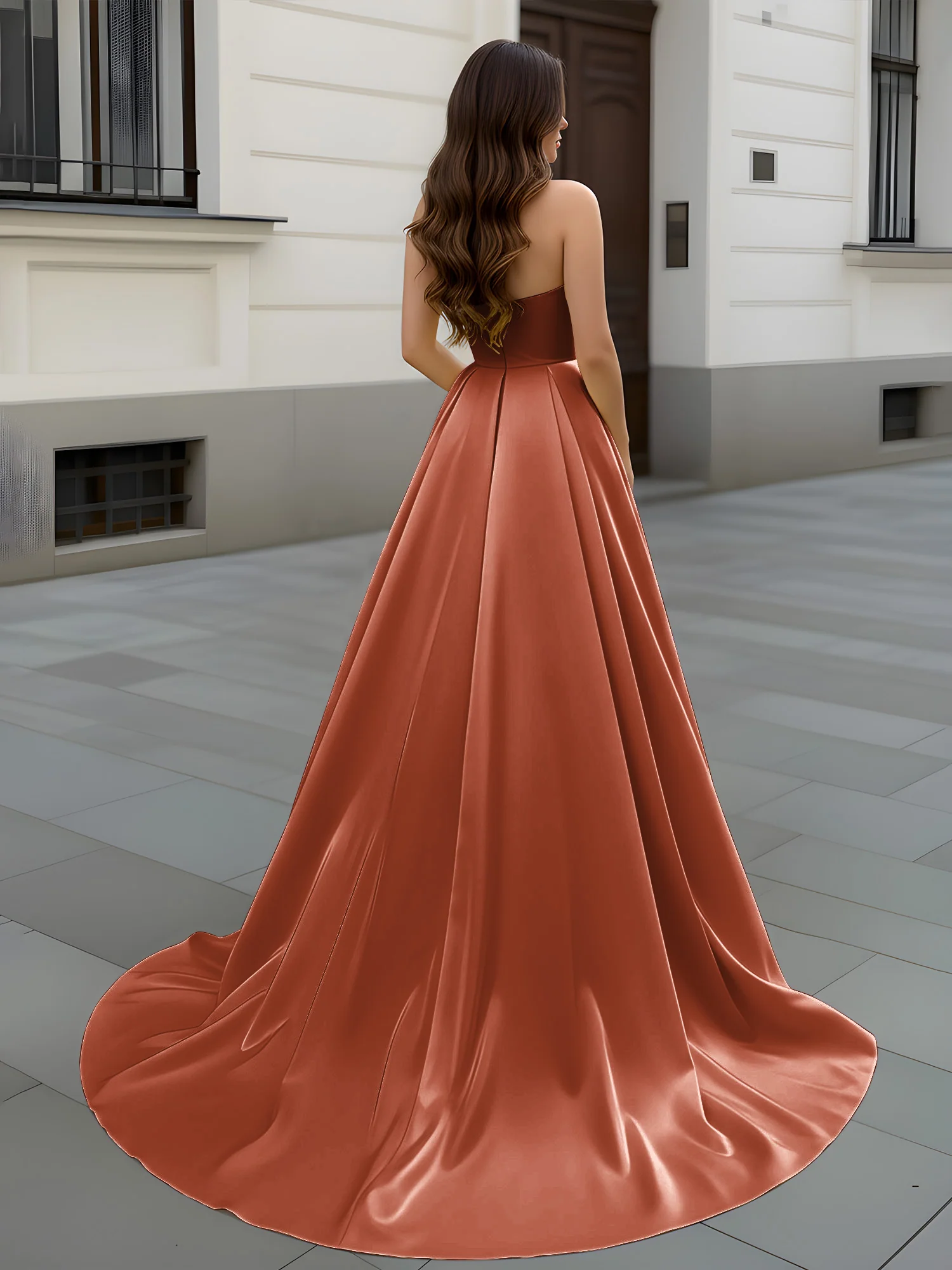 Sweetheart Neck A-Line Ruched Sweep Train Gown Rust - Image 2