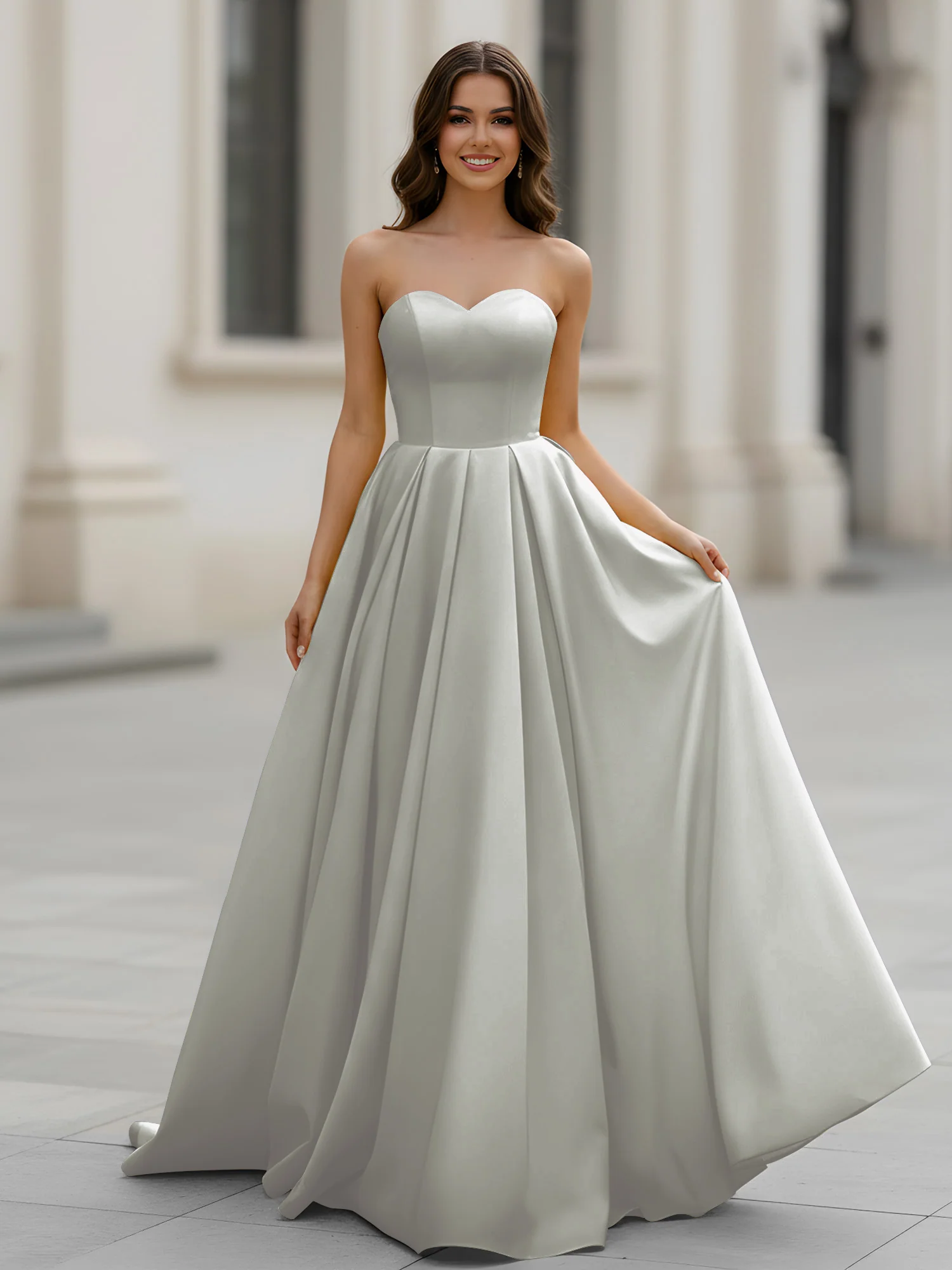 Sweetheart Neck A-Line Ruched Sweep Train Gown Silver