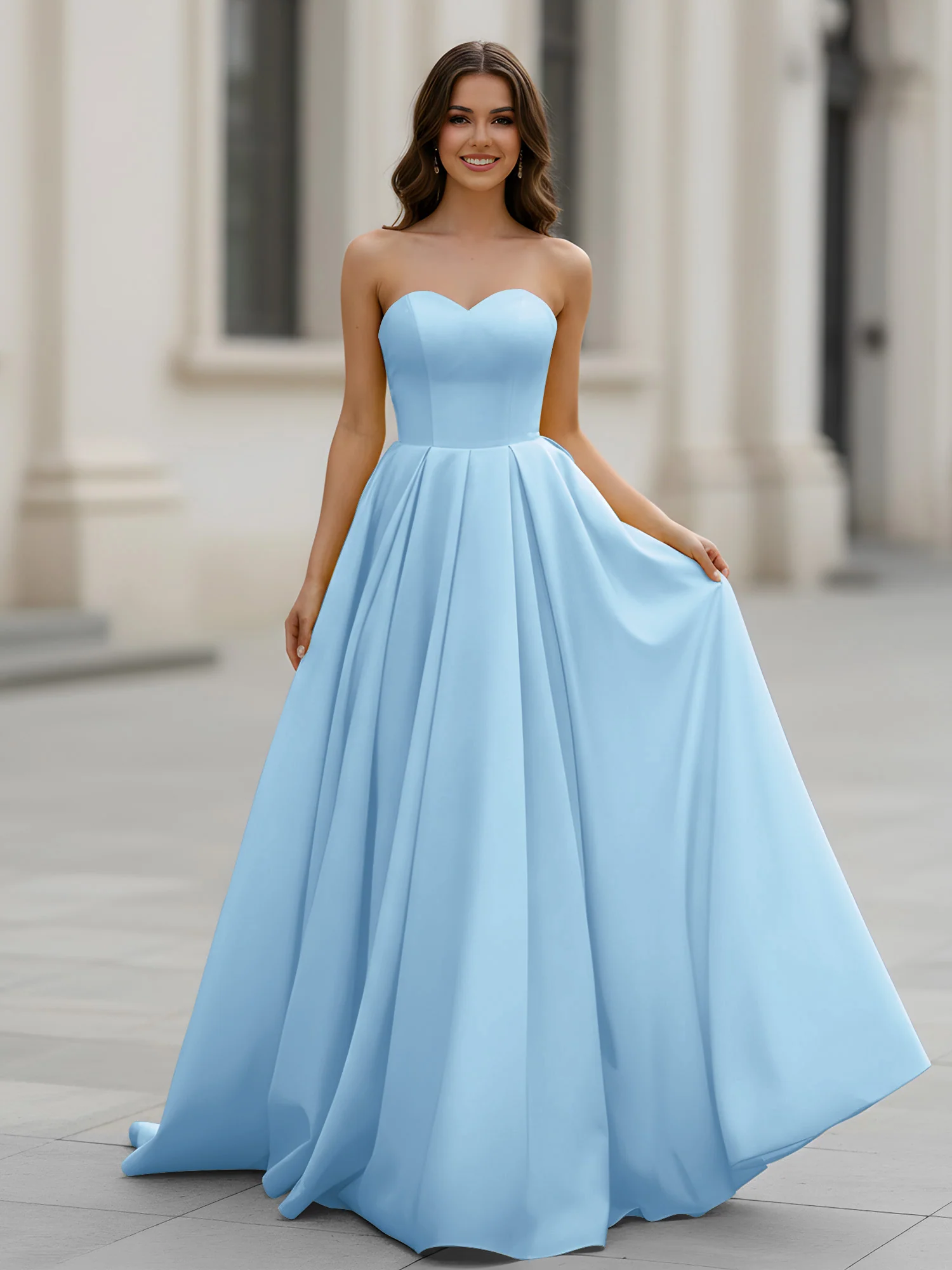 Sweetheart Neck A-Line Ruched Sweep Train Gown Sky Blue