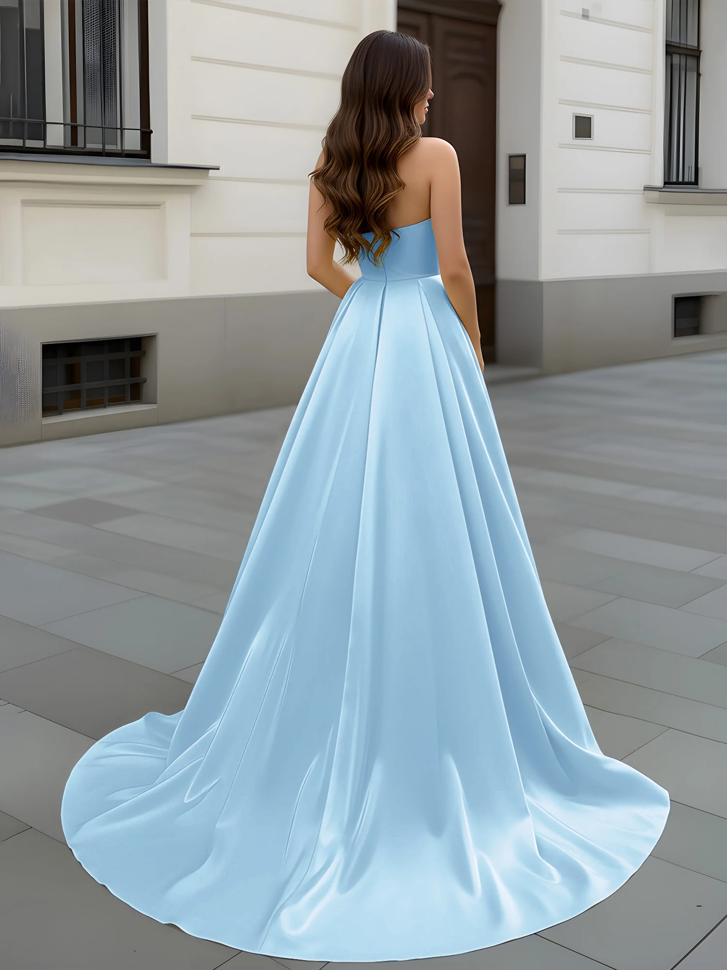 Sweetheart Neck A-Line Ruched Sweep Train Gown Sky Blue - Image 2