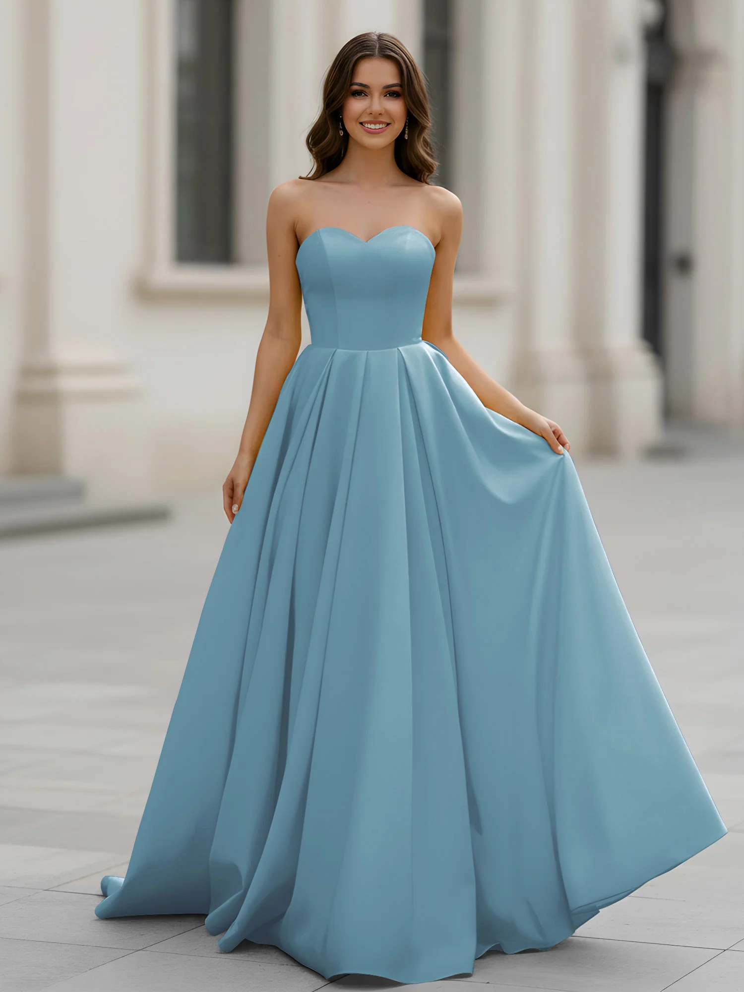 Sweetheart Neck A-Line Ruched Sweep Train Gown Slate Blue