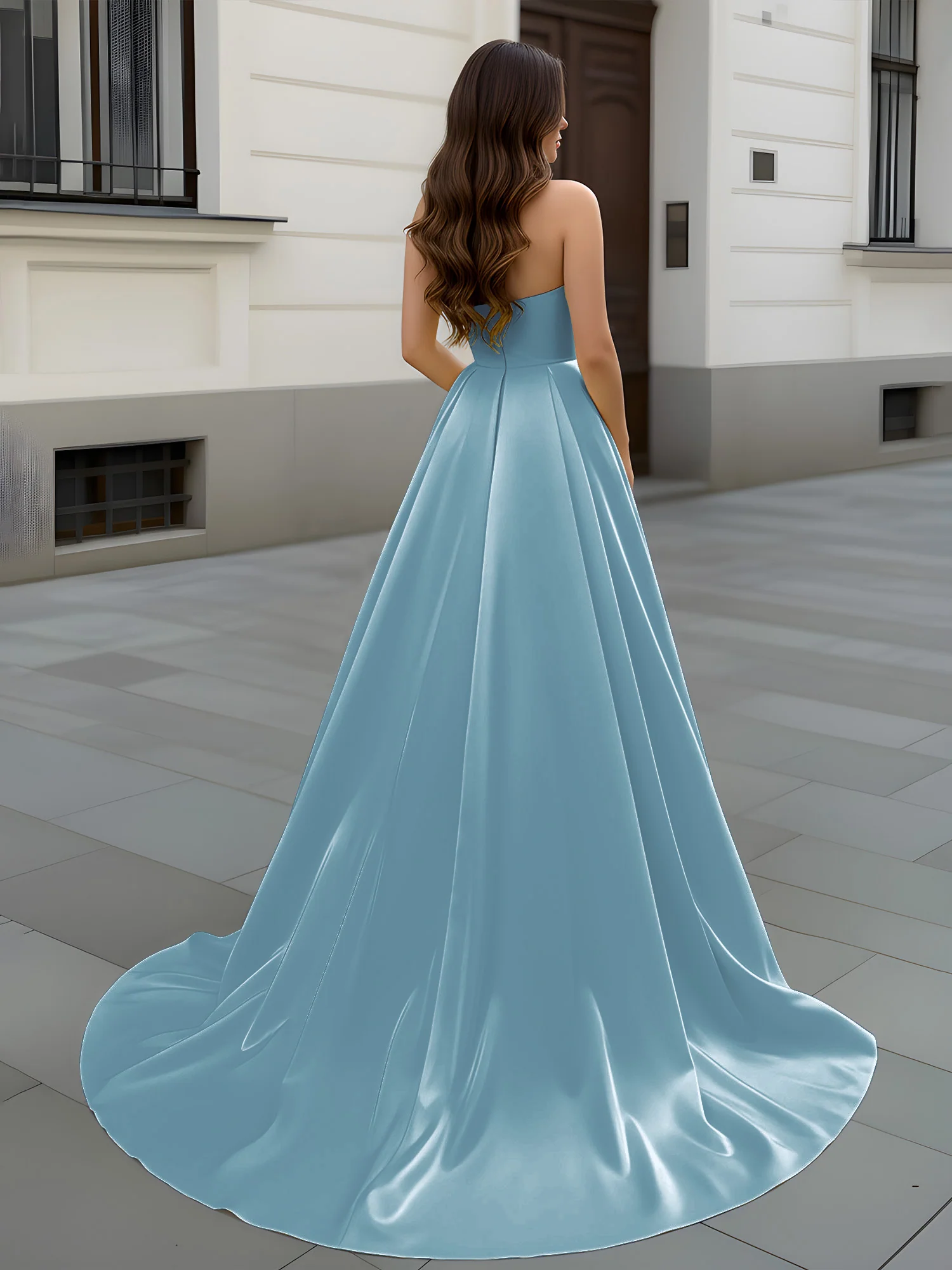 Sweetheart Neck A-Line Ruched Sweep Train Gown Slate Blue - Image 2