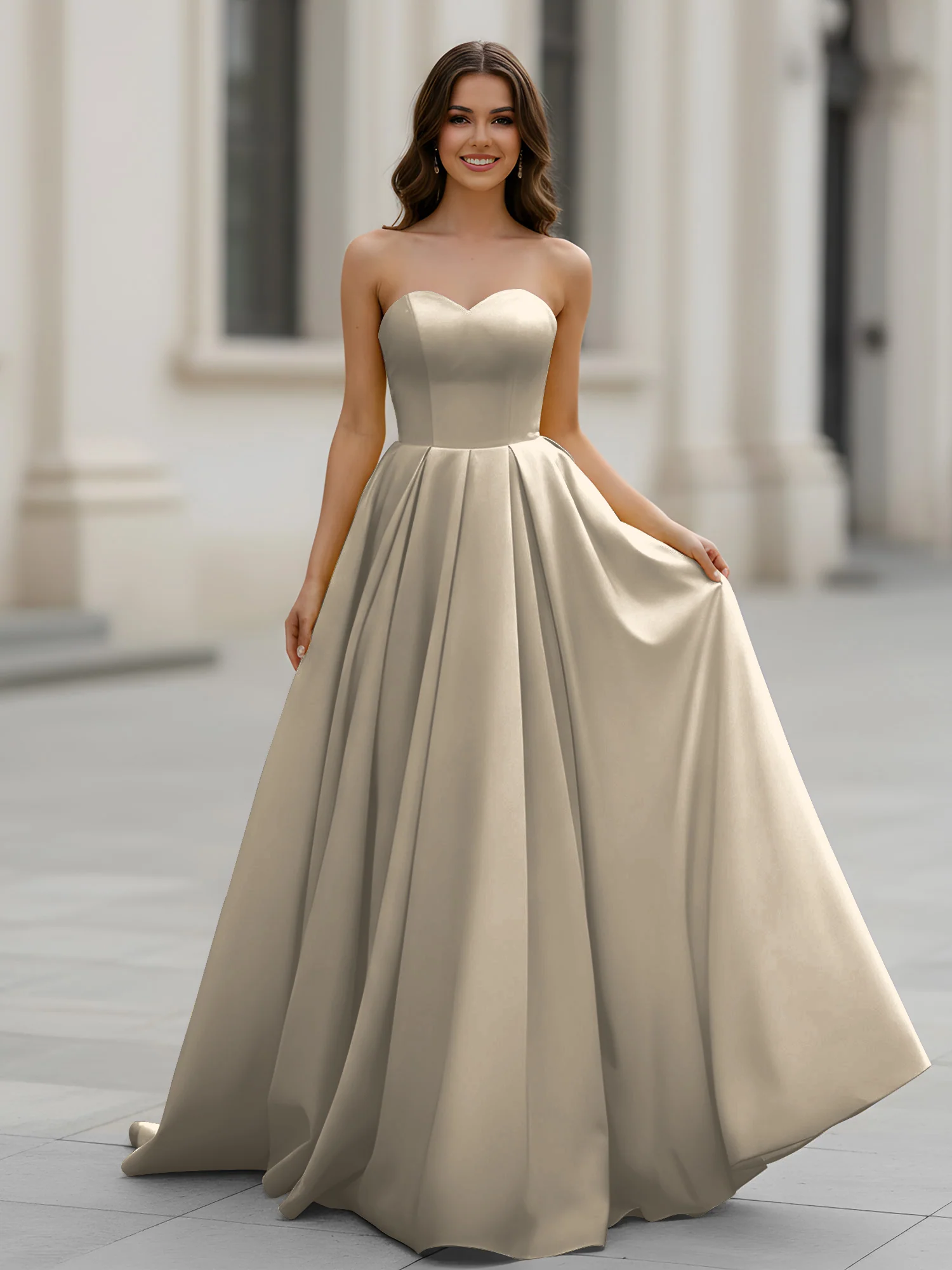 Sweetheart Neck A-Line Ruched Sweep Train Gown Taupe