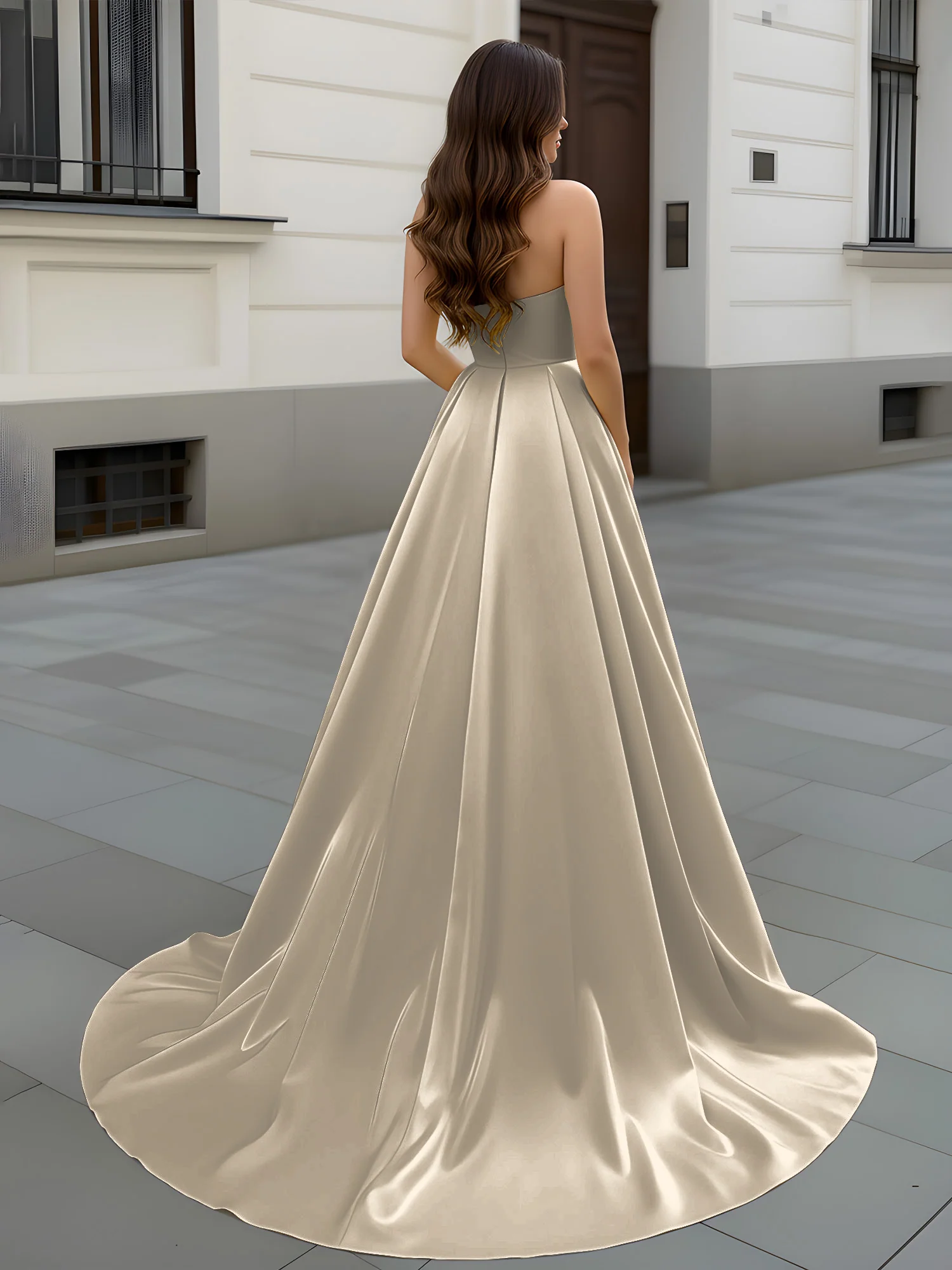 Sweetheart Neck A-Line Ruched Sweep Train Gown Taupe - Image 2