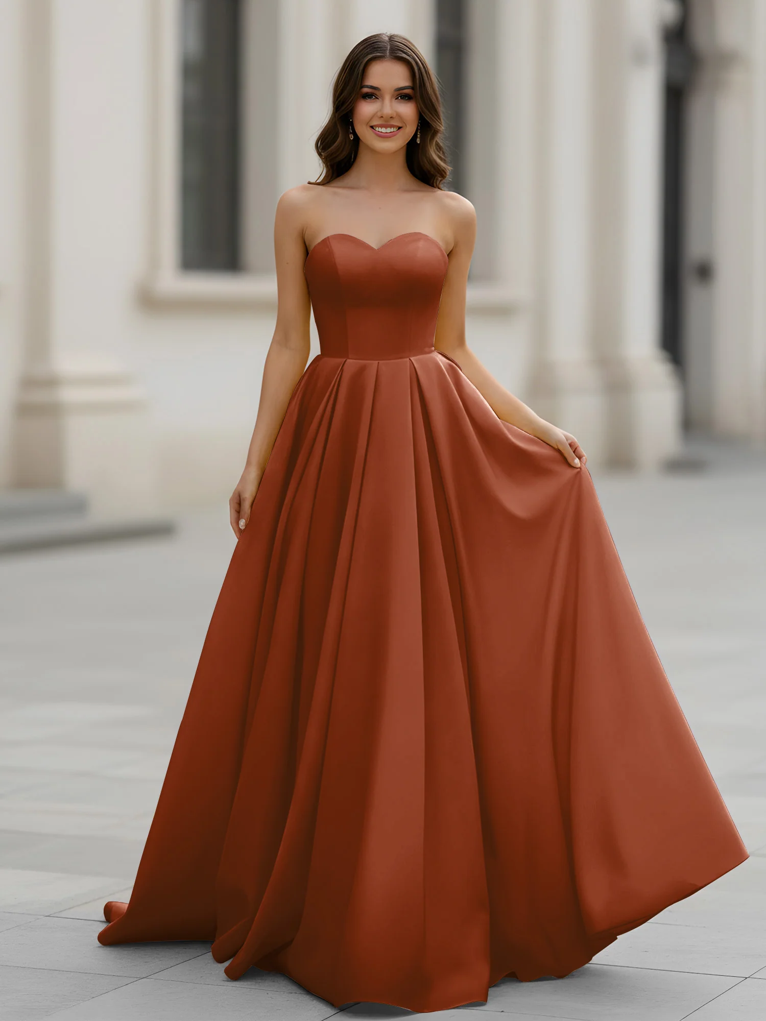 Sweetheart Neck A-Line Ruched Sweep Train Gown Terracotta