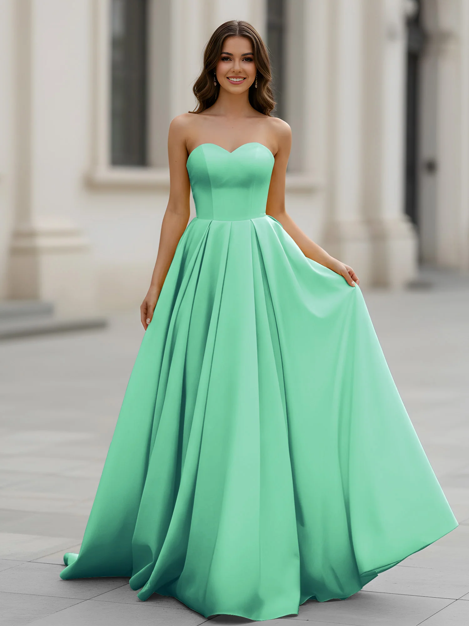 Sweetheart Neck A-Line Ruched Sweep Train Gown Turquoise