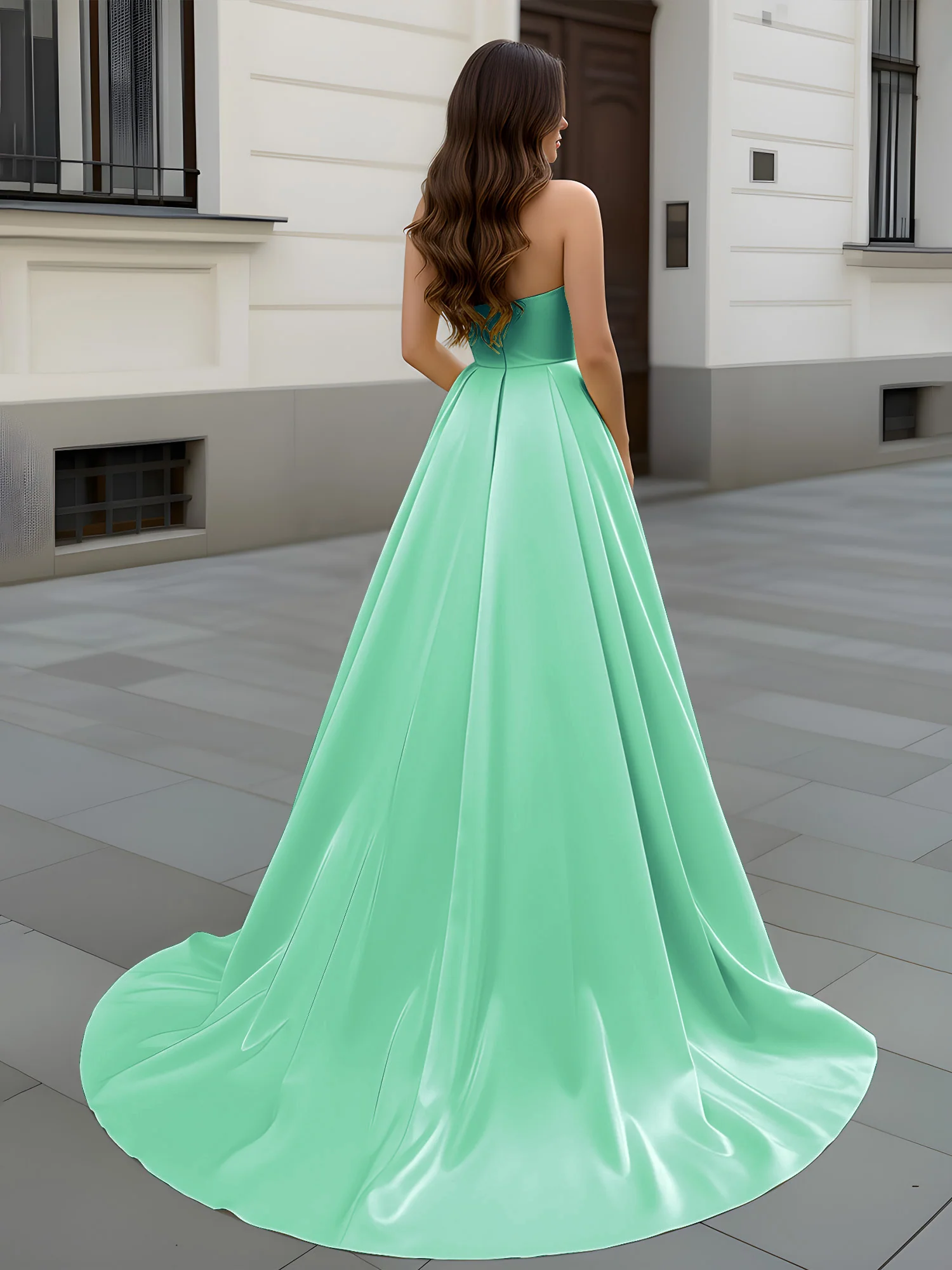 Sweetheart Neck A-Line Ruched Sweep Train Gown Turquoise - Image 2