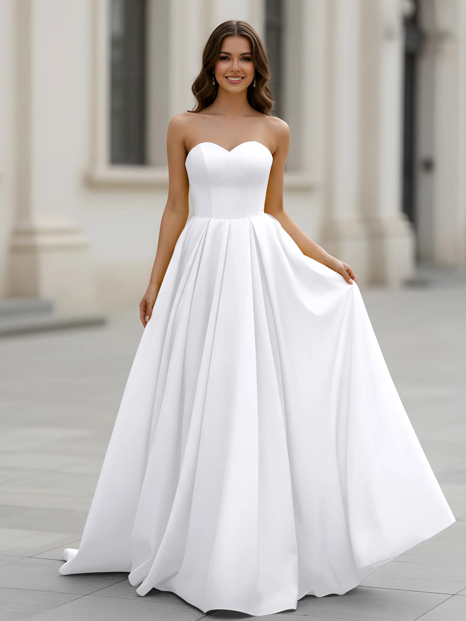 Sweetheart Neck A-Line Ruched Sweep Train Gown White