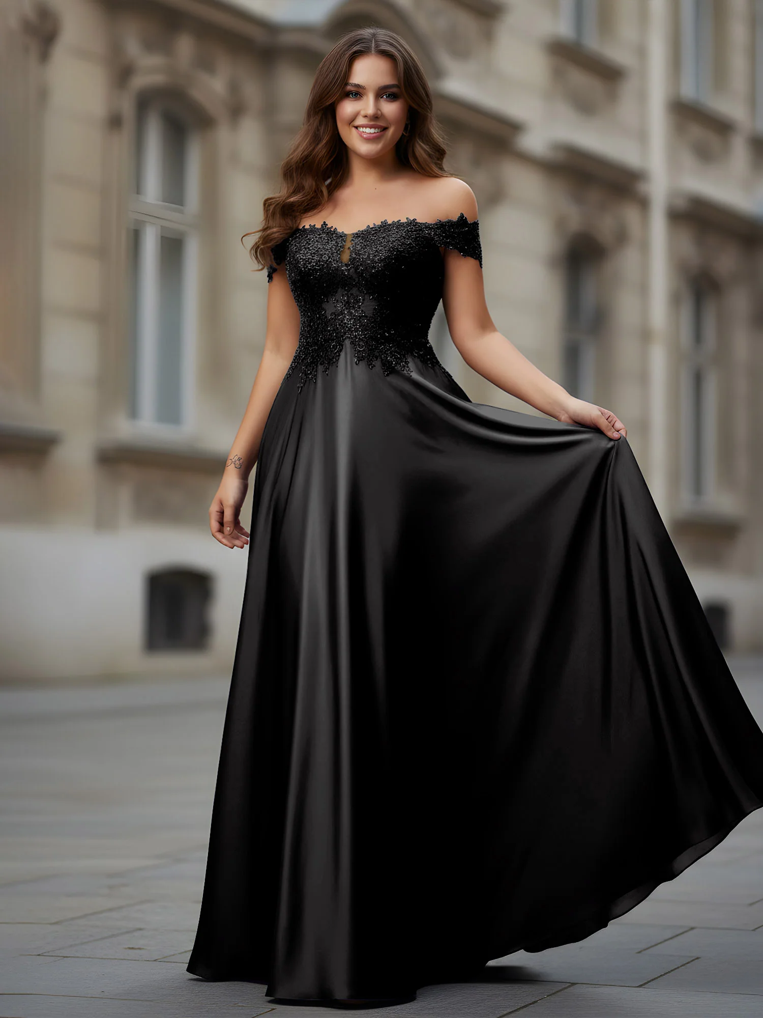 Off-the-shoulder Applique Bodice A-Line Long Dress Black