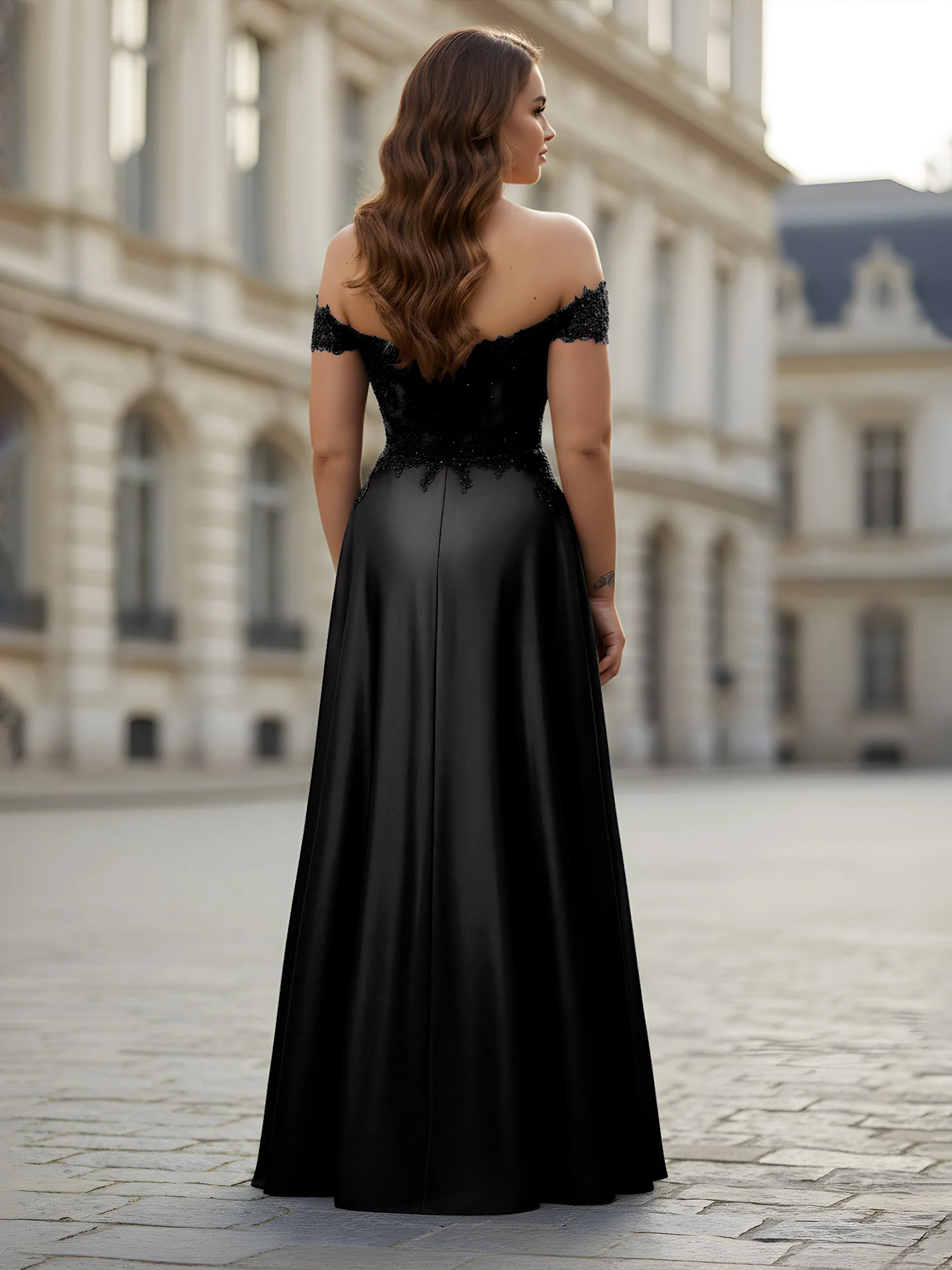 Off-the-shoulder Applique Bodice A-Line Long Dress Black - Image 2