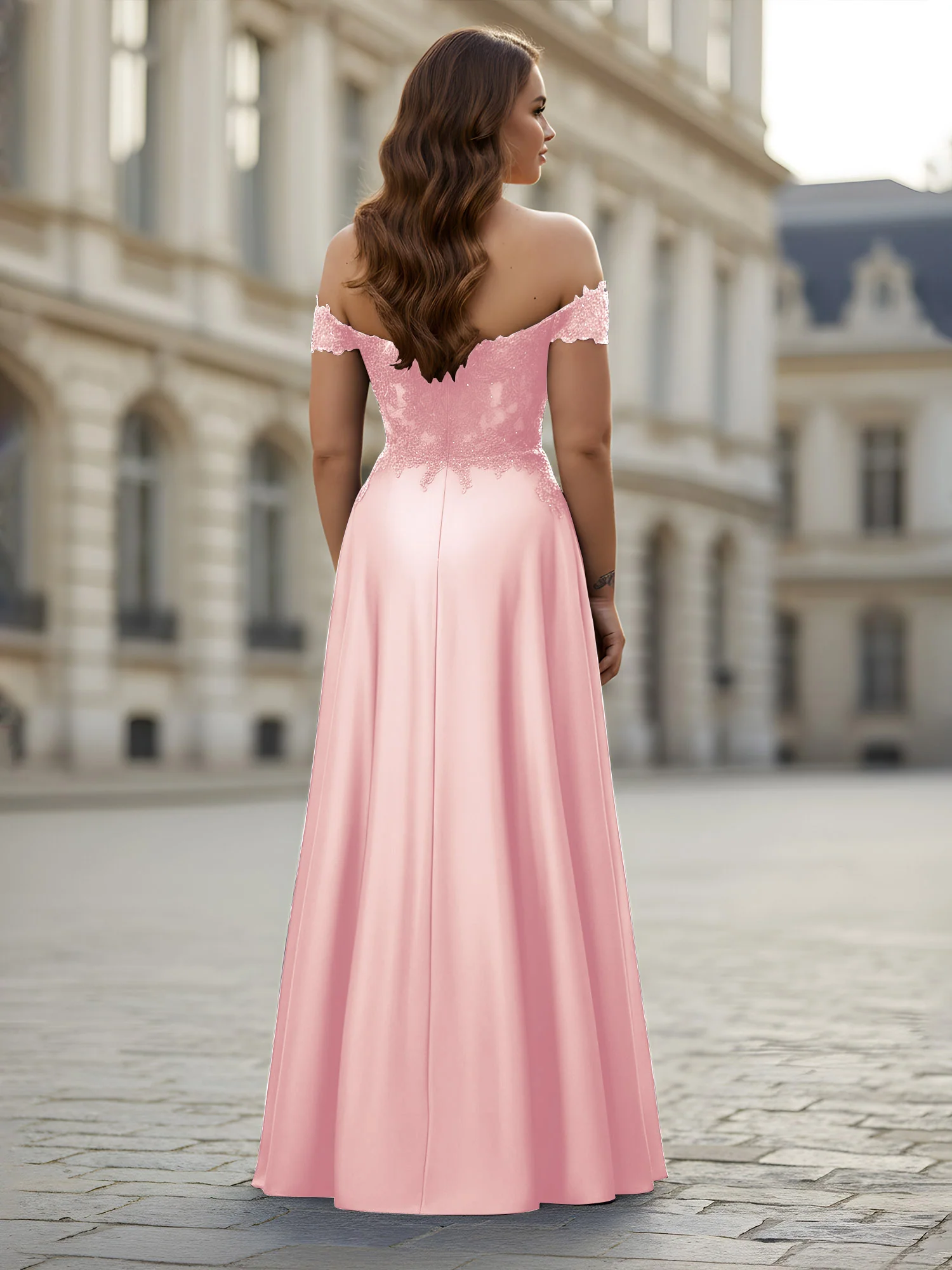 Off-the-shoulder Applique Bodice A-Line Long Dress Blushing Pink - Image 2