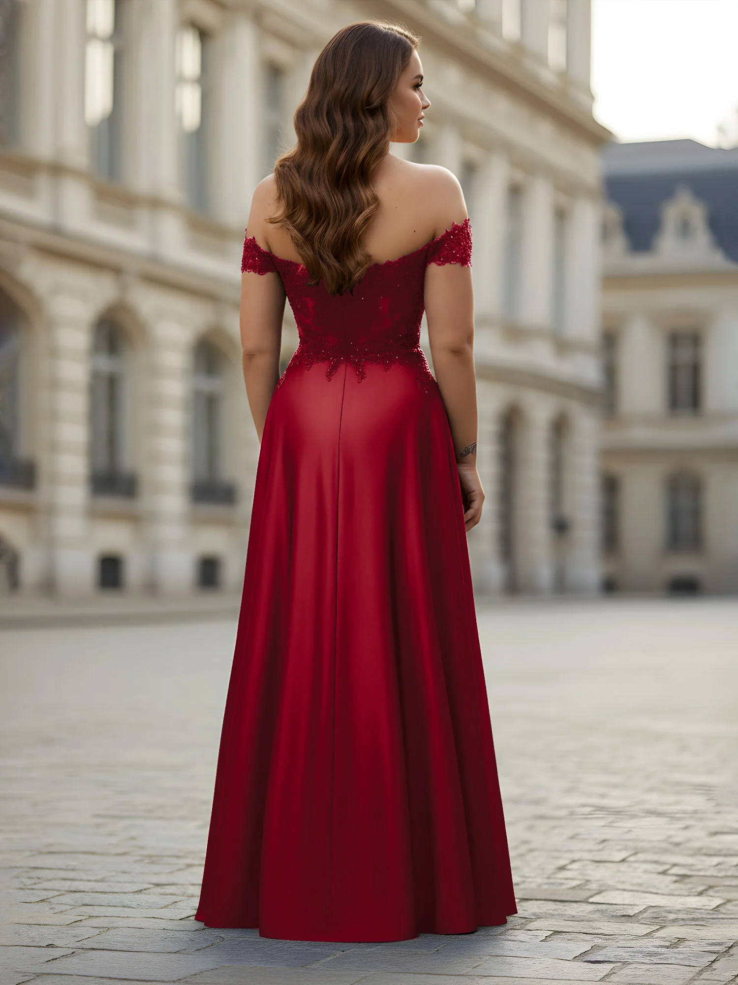 Off-the-shoulder Applique Bodice A-Line Long Dress Burgundy - Image 2