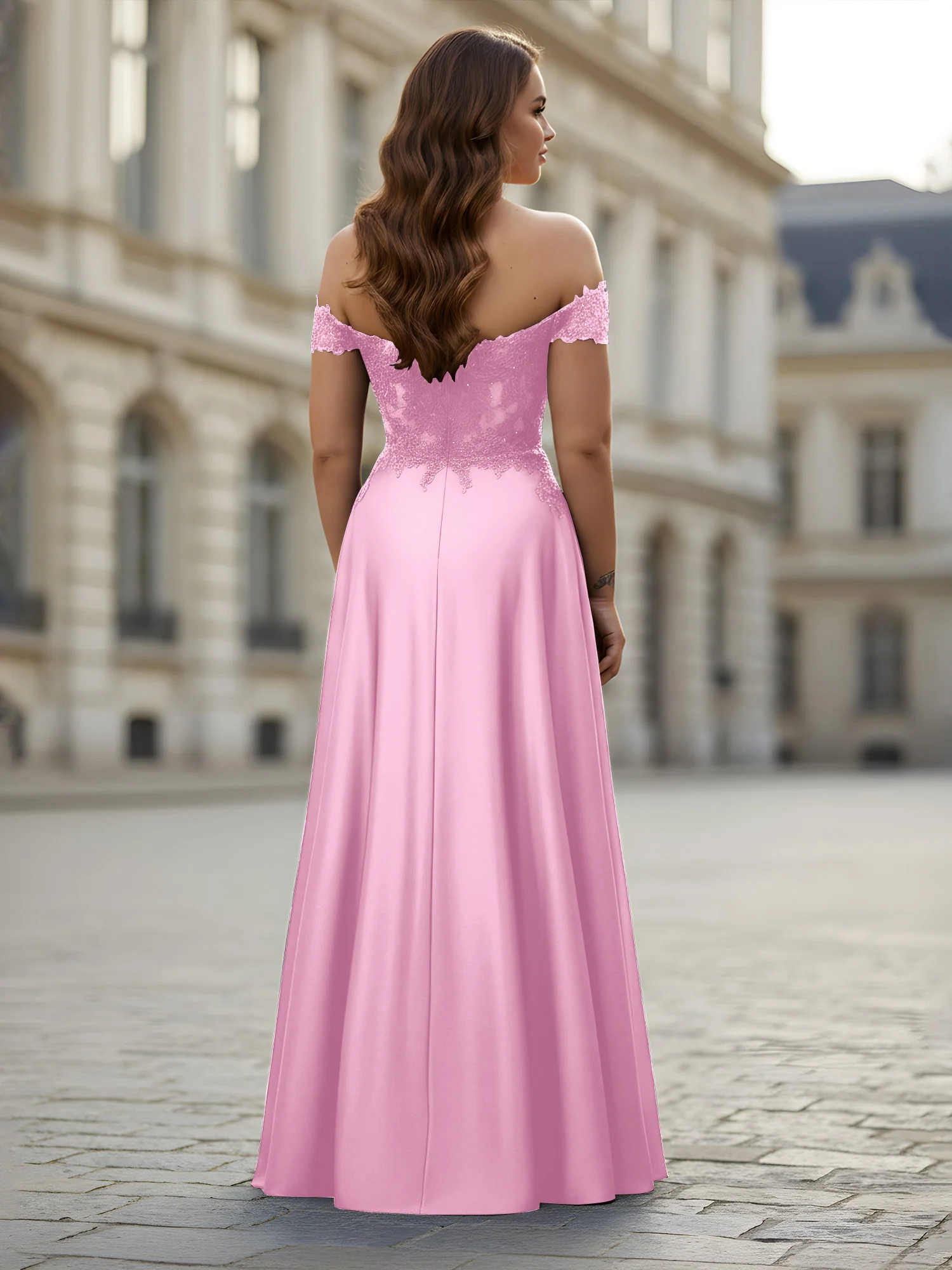Off-the-shoulder Applique Bodice A-Line Long Dress Candy Pink - Image 2