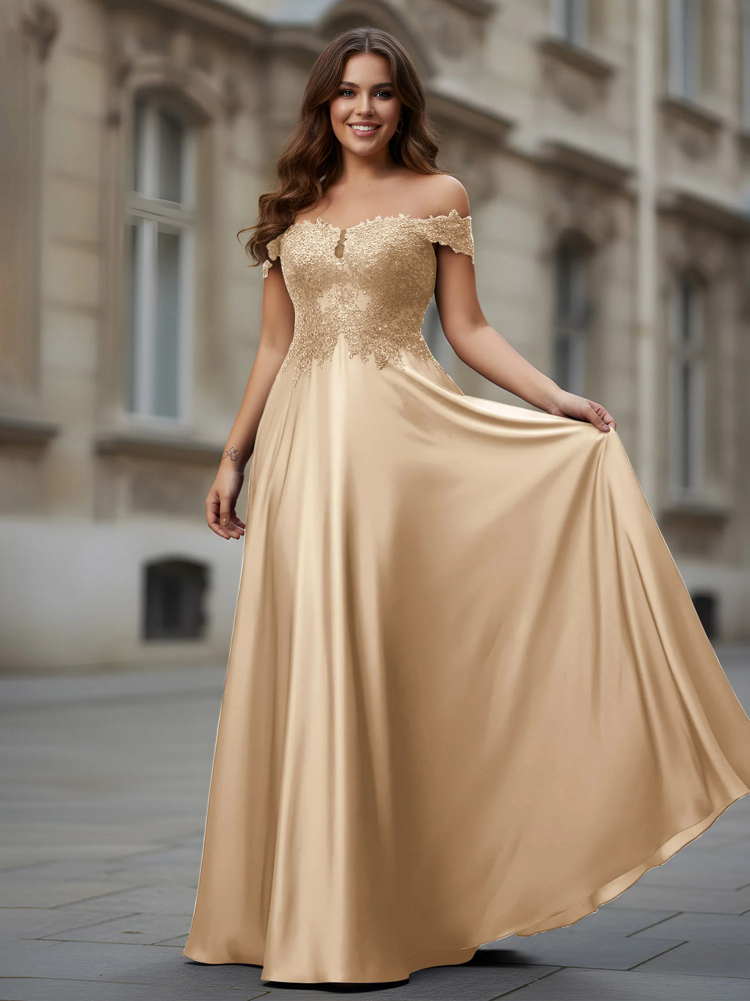 Off-the-shoulder Applique Bodice A-Line Long Dress Champagne