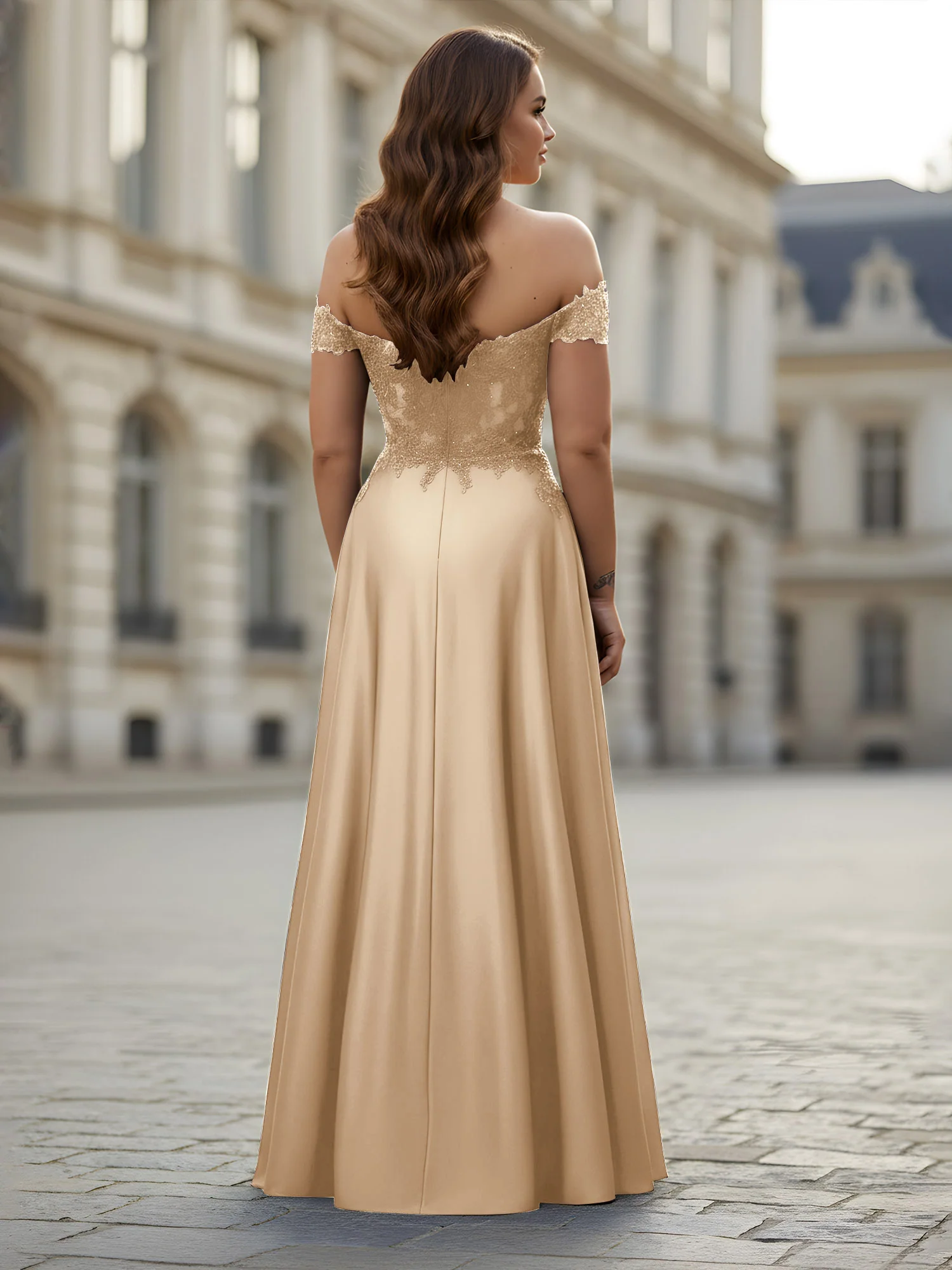 Off-the-shoulder Applique Bodice A-Line Long Dress Champagne - Image 2