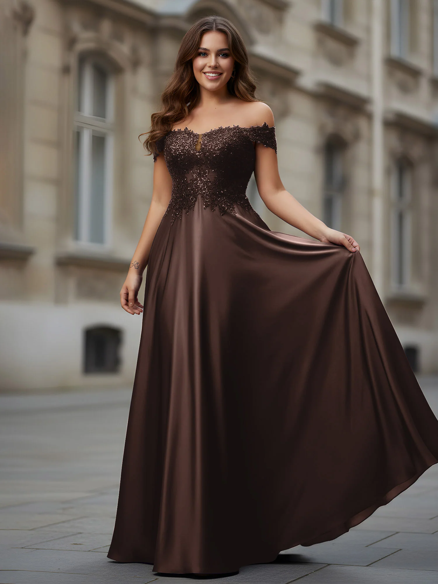 Off-the-shoulder Applique Bodice A-Line Long Dress Chocolate