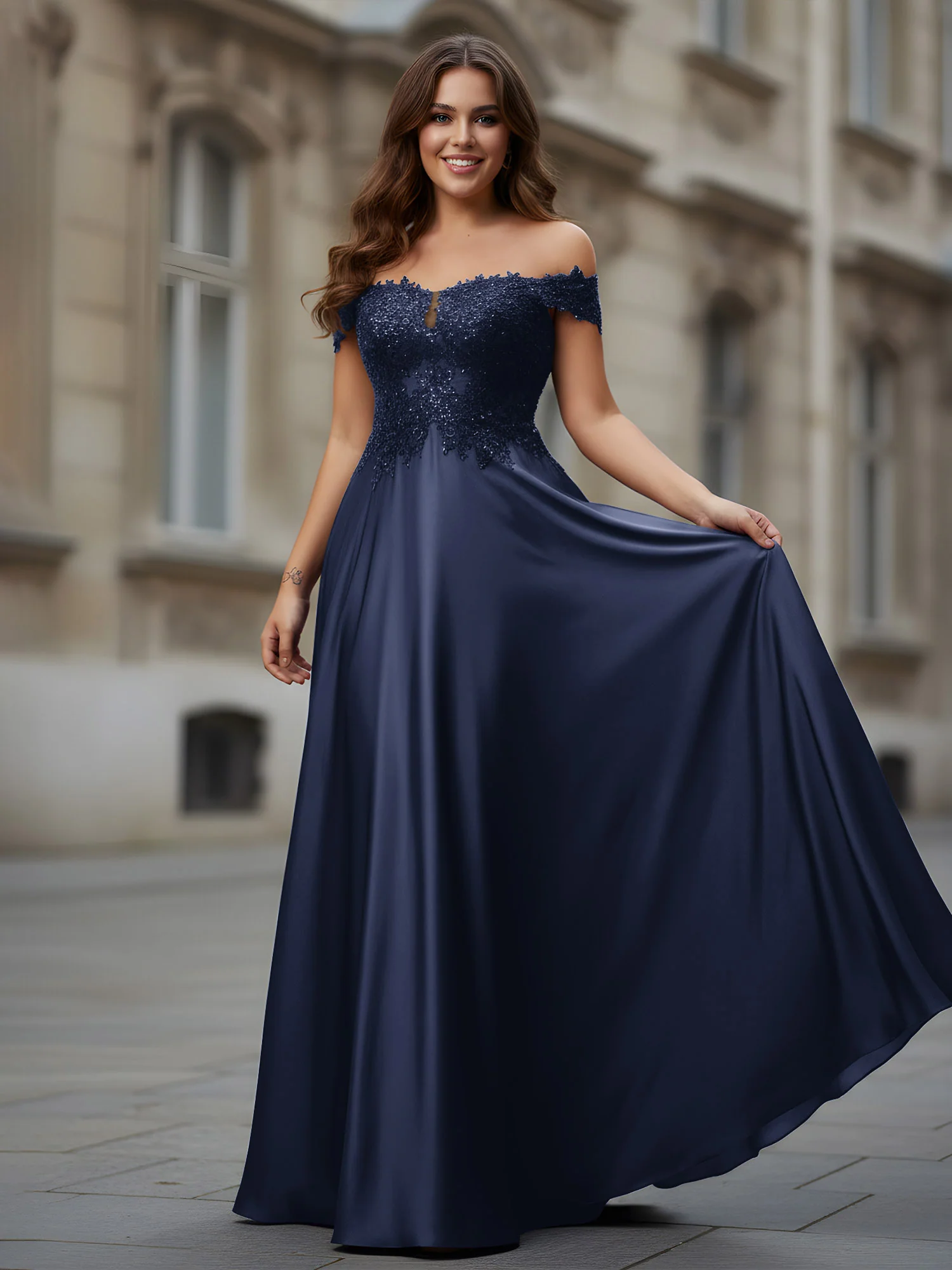 Off-the-shoulder Applique Bodice A-Line Long Dress Dark Navy