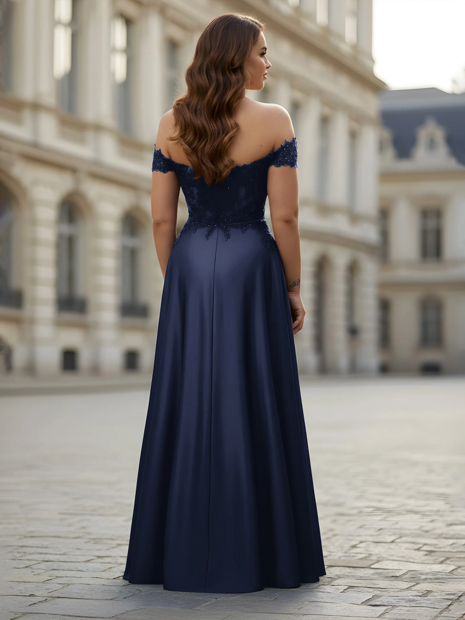 Off-the-shoulder Applique Bodice A-Line Long Dress Dark Navy - Image 2