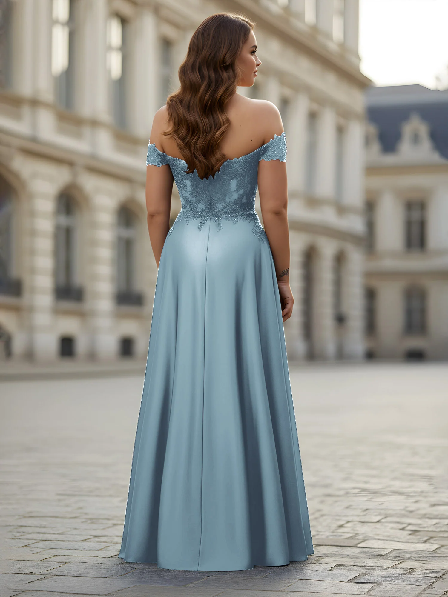 Off-the-shoulder Applique Bodice A-Line Long Dress Dusty Blue - Image 2
