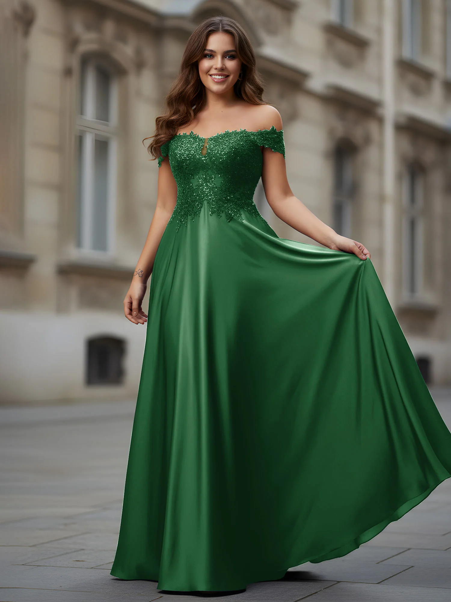 Off-the-shoulder Applique Bodice A-Line Long Dress Emerald