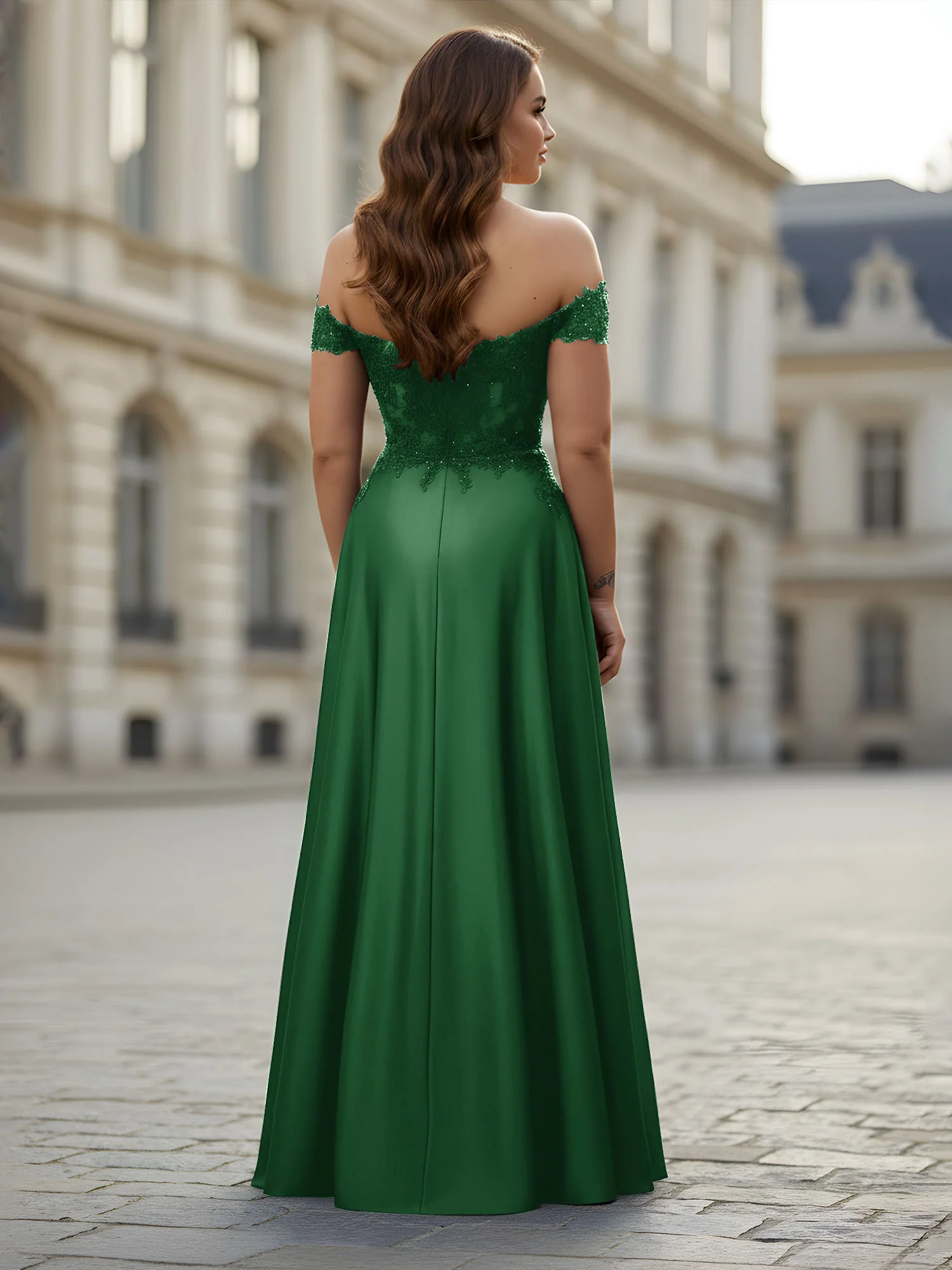Off-the-shoulder Applique Bodice A-Line Long Dress Emerald - Image 2