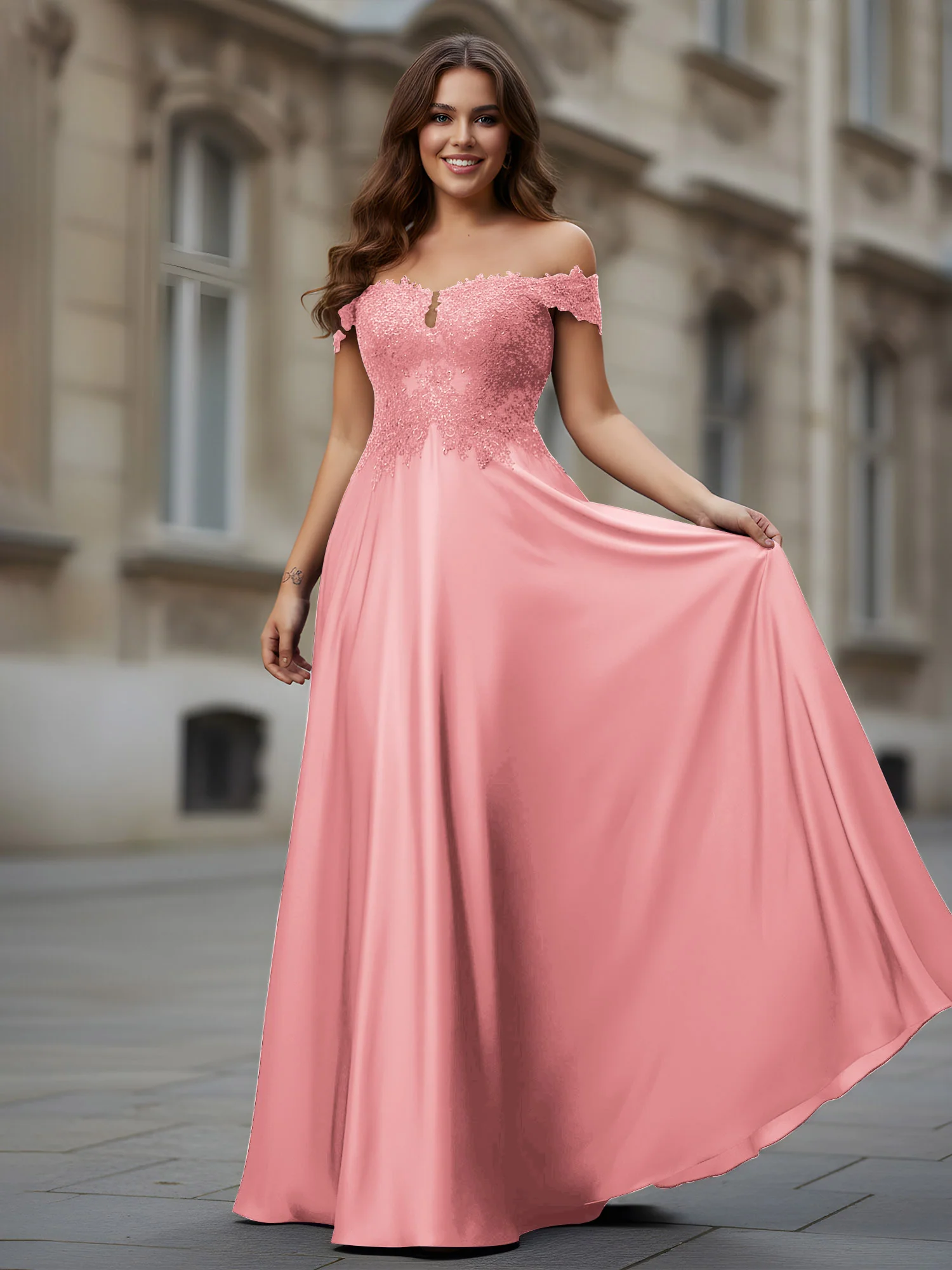 Off-the-shoulder Applique Bodice A-Line Long Dress Flamingo
