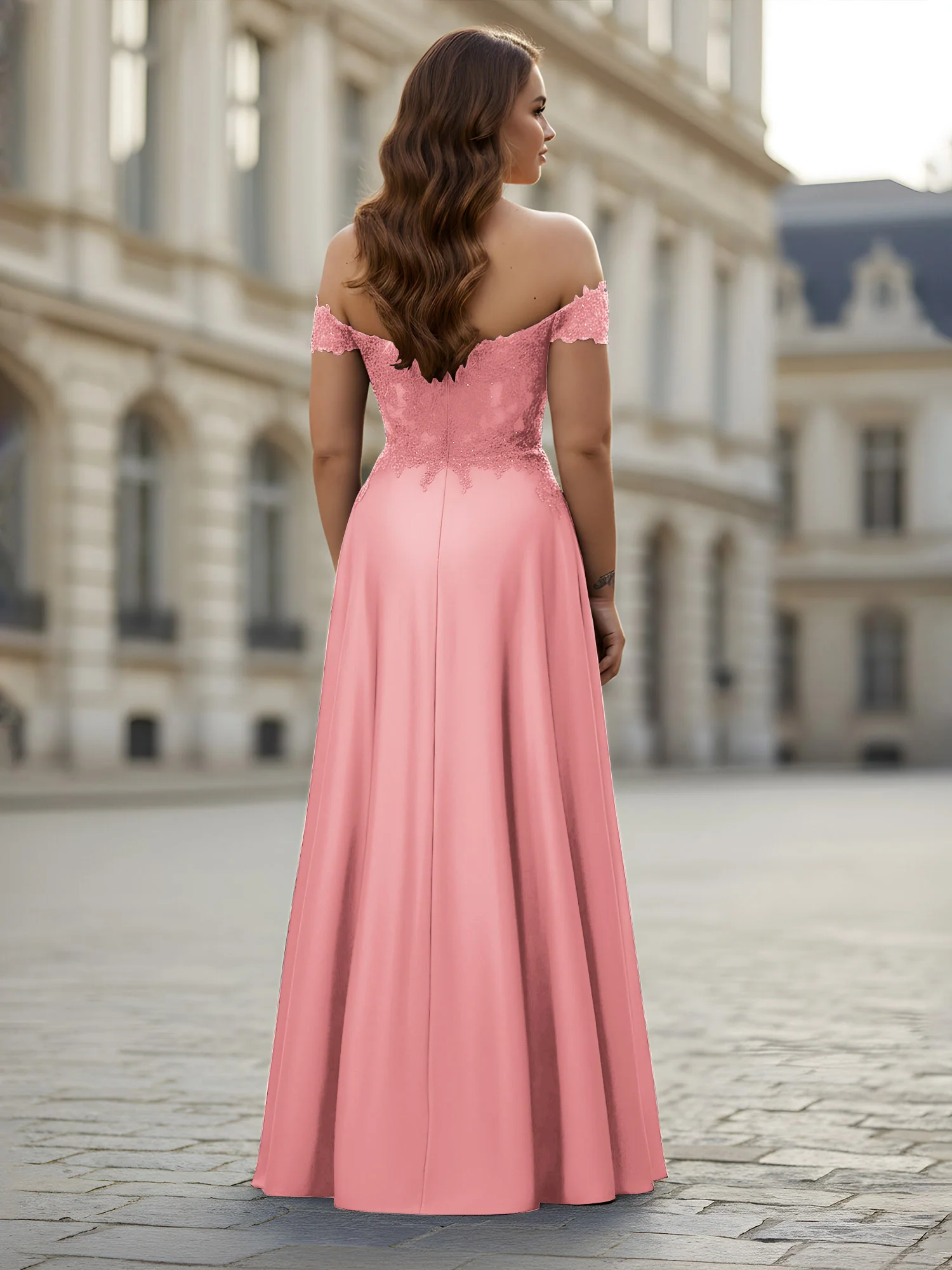 Off-the-shoulder Applique Bodice A-Line Long Dress Flamingo - Image 2
