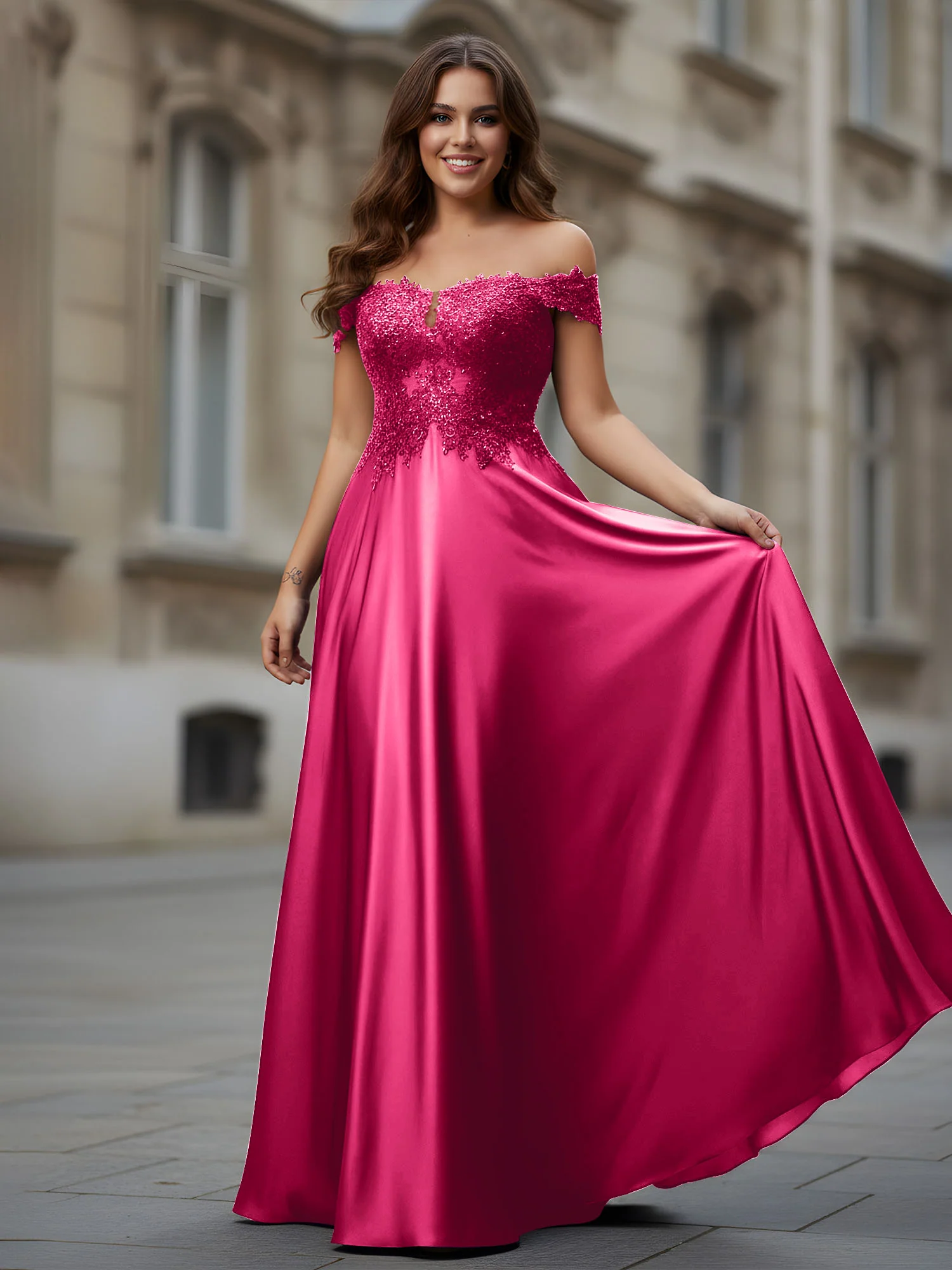 Off-the-shoulder Applique Bodice A-Line Long Dress Fuchsia