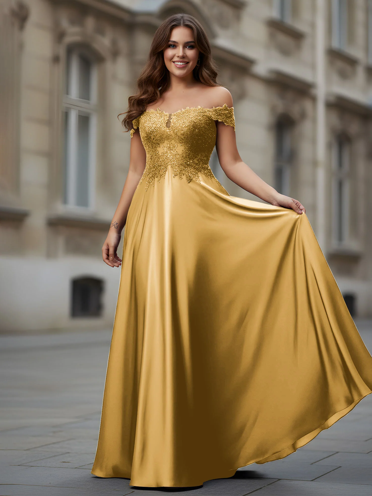 Off-the-shoulder Applique Bodice A-Line Long Dress Gold
