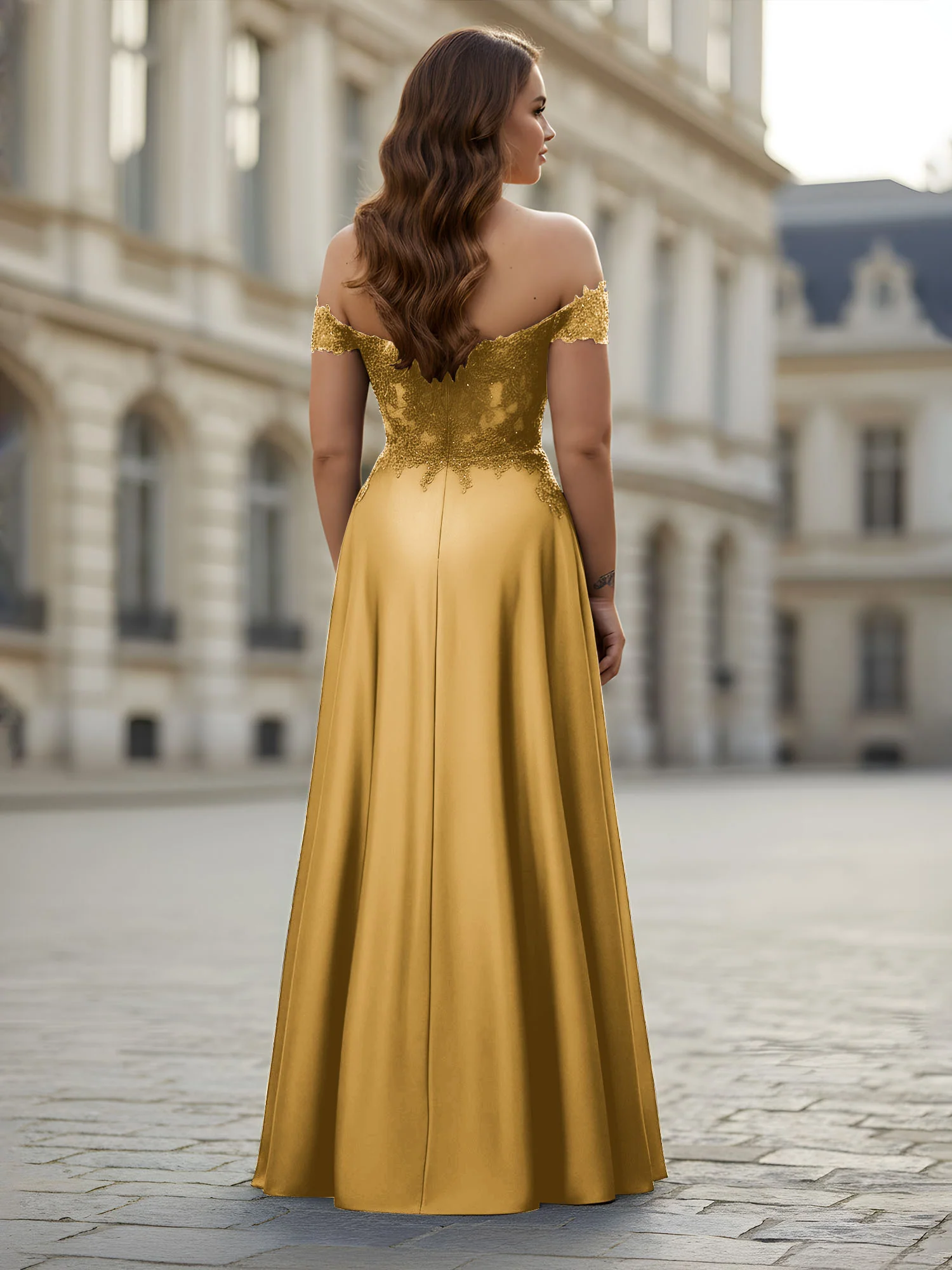 Off-the-shoulder Applique Bodice A-Line Long Dress Gold - Image 2