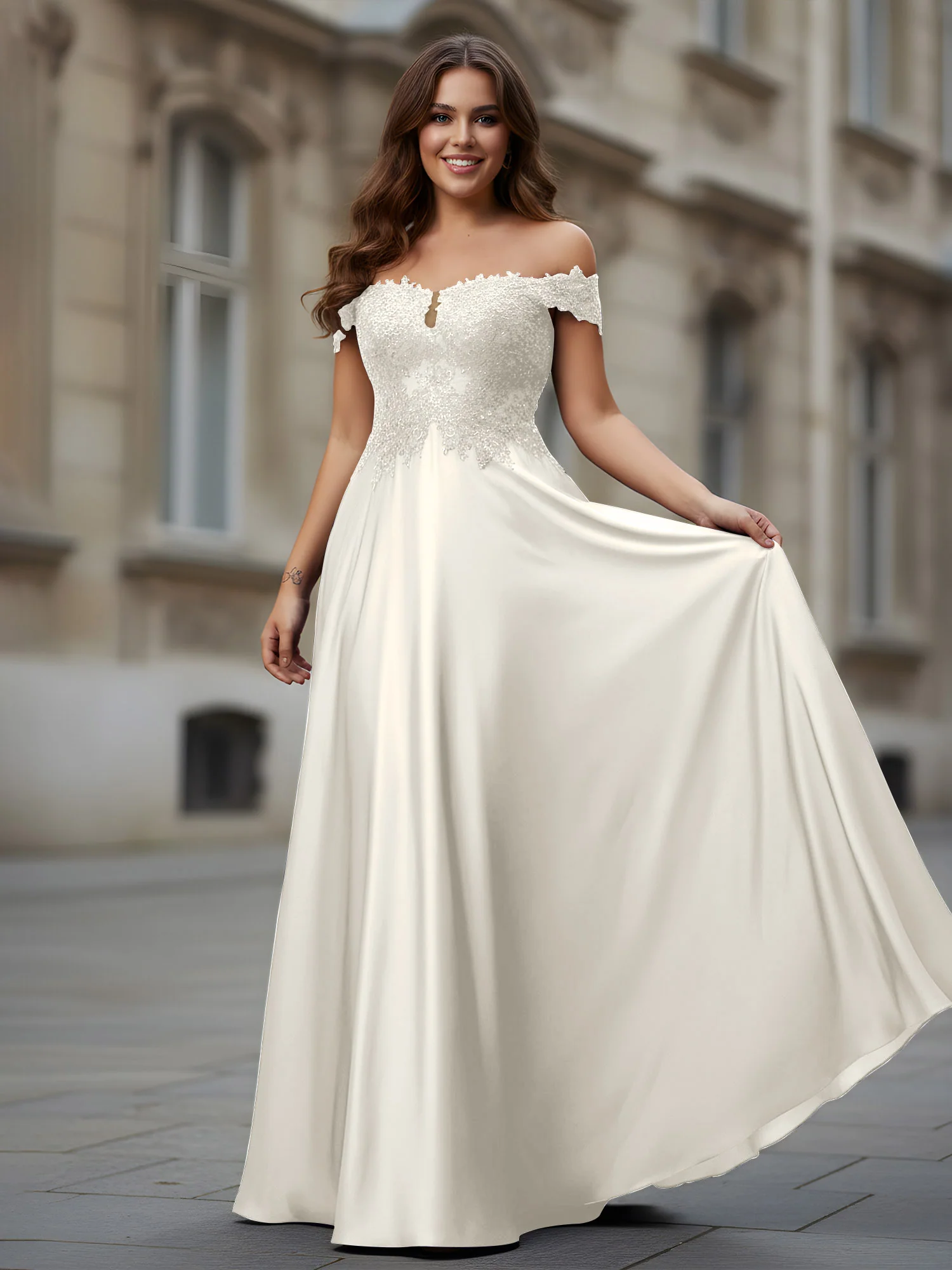 Off-the-shoulder Applique Bodice A-Line Long Dress Ivory