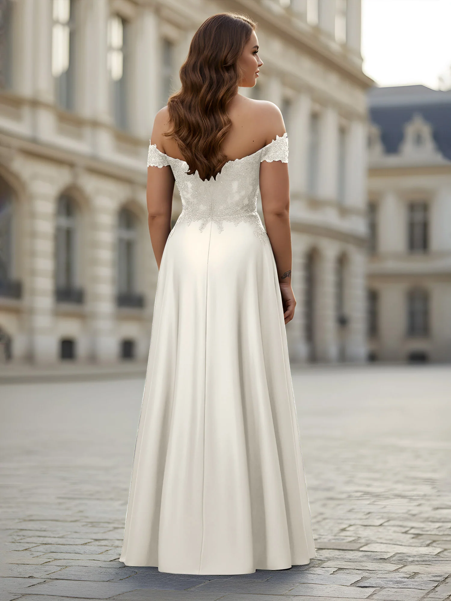 Off-the-shoulder Applique Bodice A-Line Long Dress Ivory - Image 2