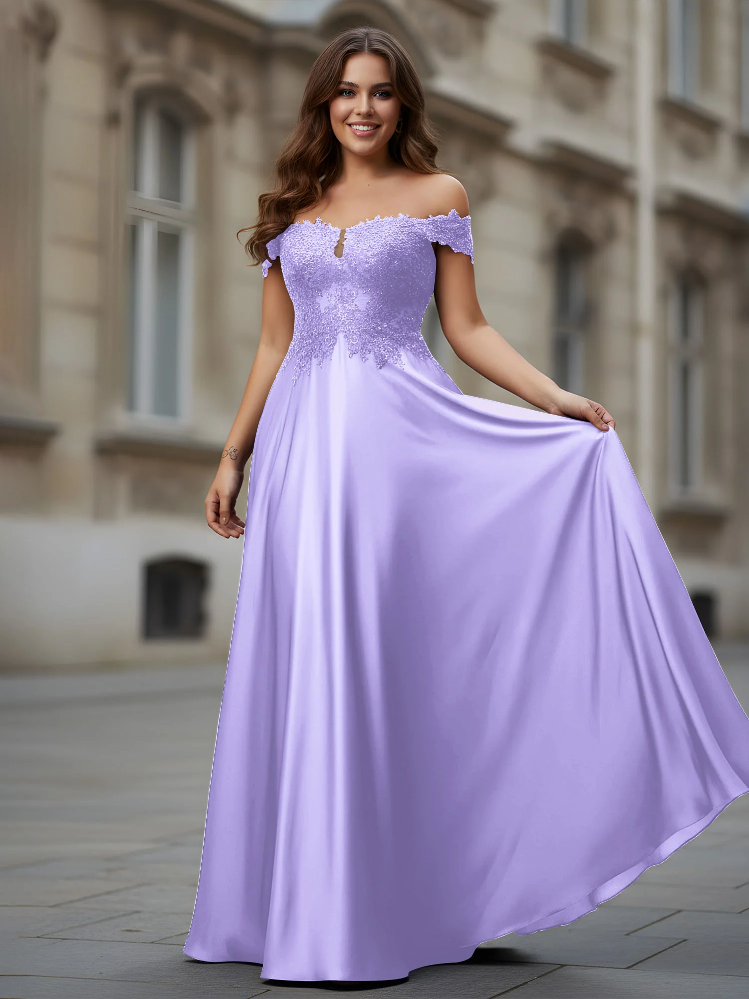 Off-the-shoulder Applique Bodice A-Line Long Dress Lilac