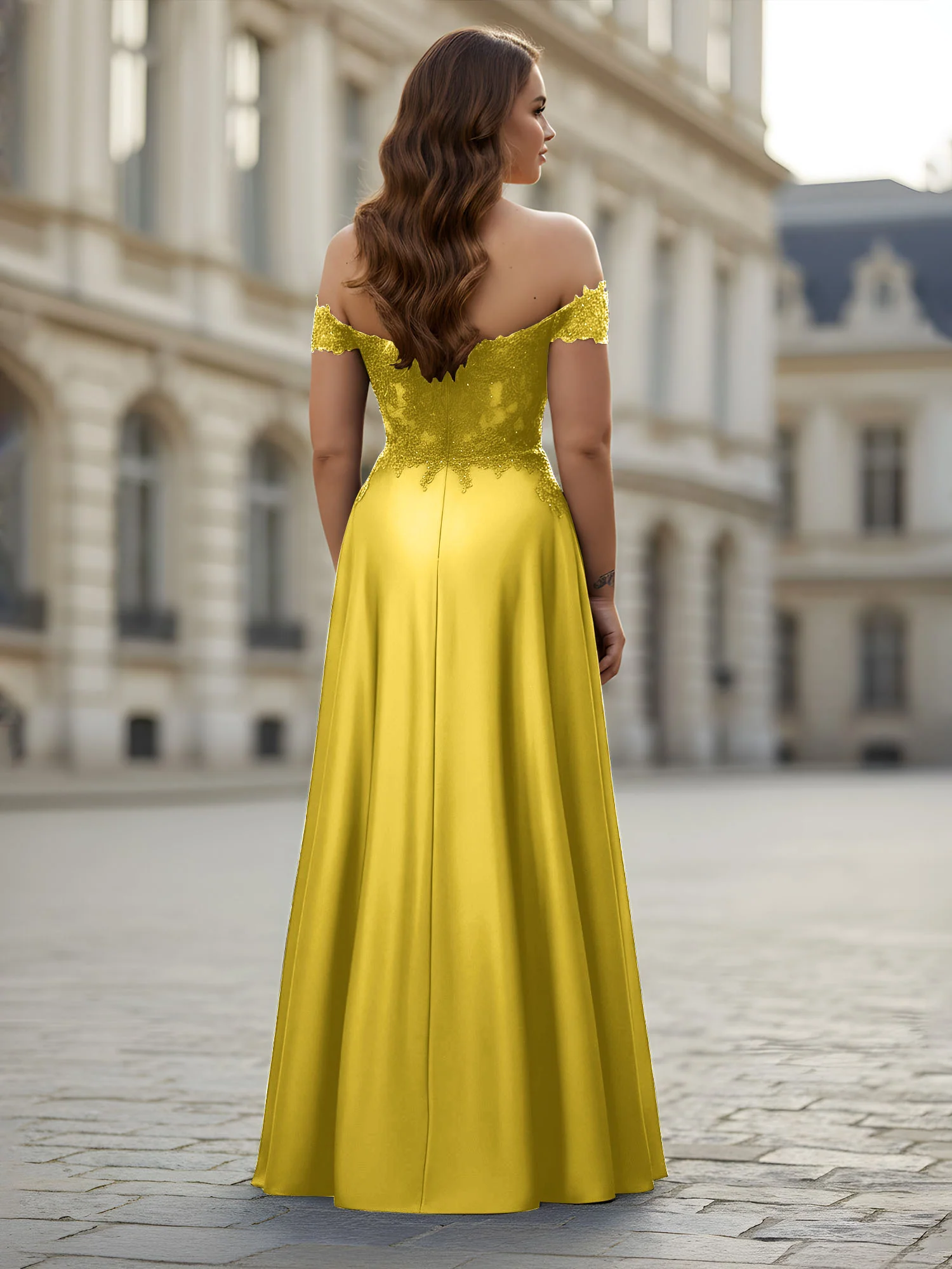 Off-the-shoulder Applique Bodice A-Line Long Dress Marigold - Image 2