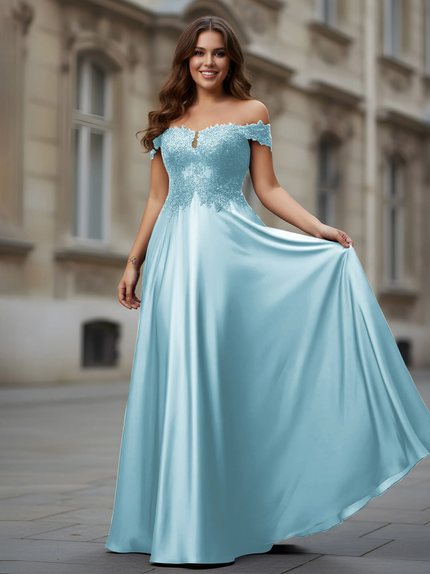 Off-the-shoulder Applique Bodice A-Line Long Dress Mist