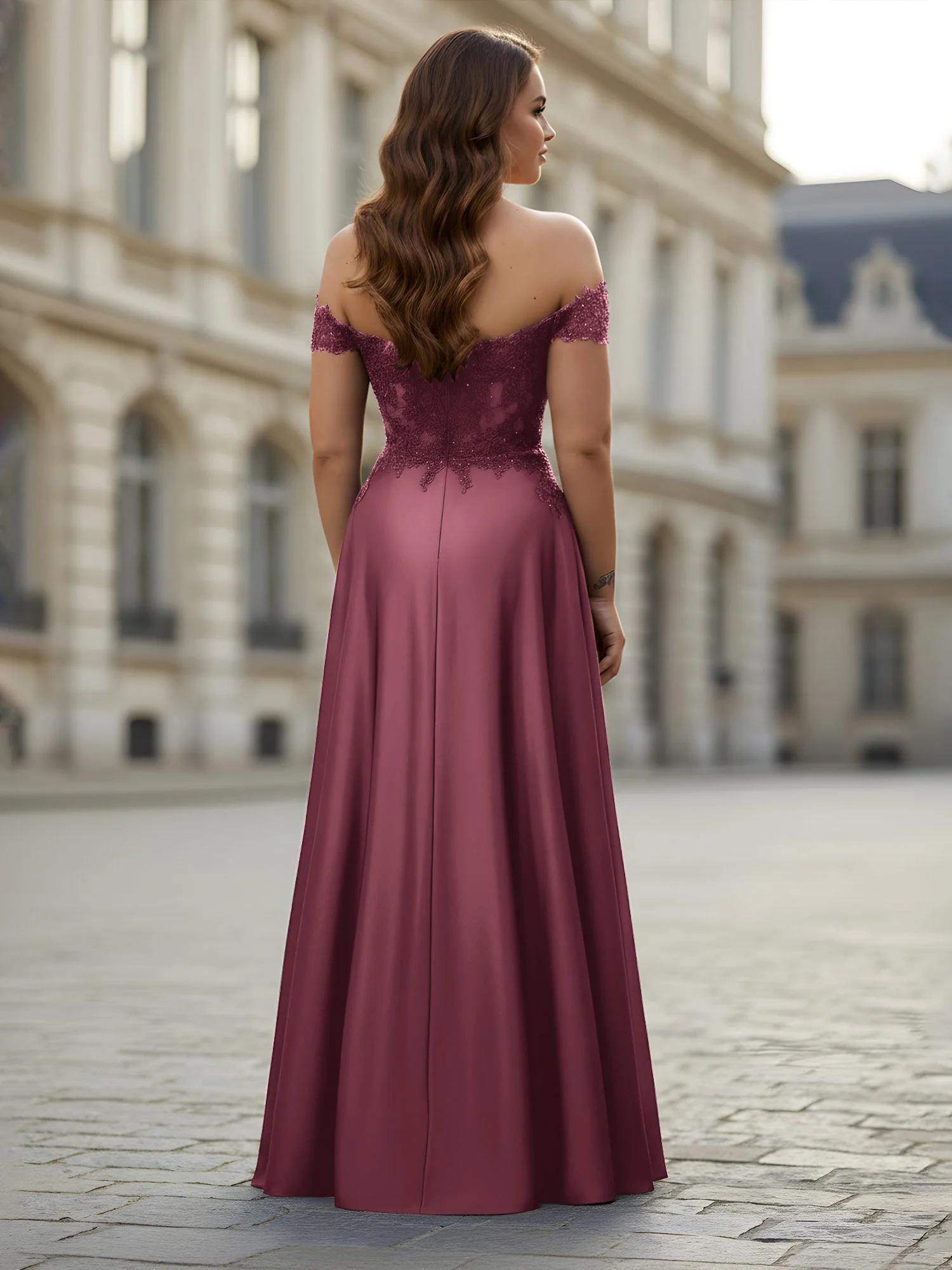 Off-the-shoulder Applique Bodice A-Line Long Dress Mulberry - Image 2