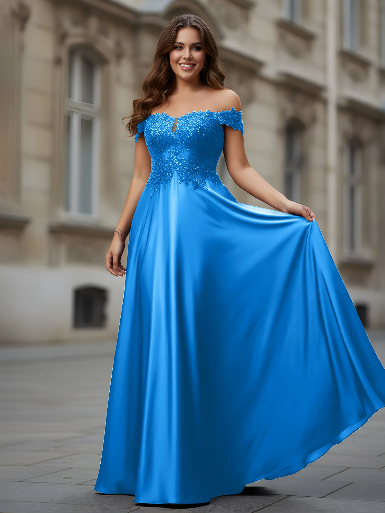 Off-the-shoulder Applique Bodice A-Line Long Dress Ocean Blue