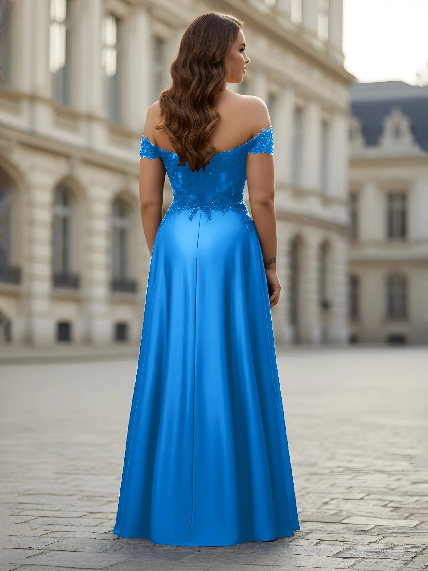 Off-the-shoulder Applique Bodice A-Line Long Dress Ocean Blue - Image 2