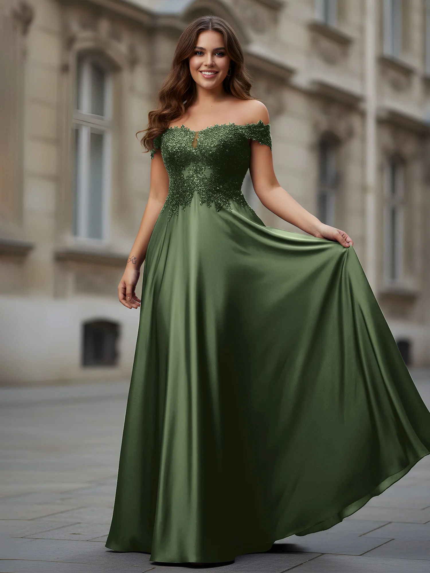 Off-the-shoulder Applique Bodice A-Line Long Dress Olive Green