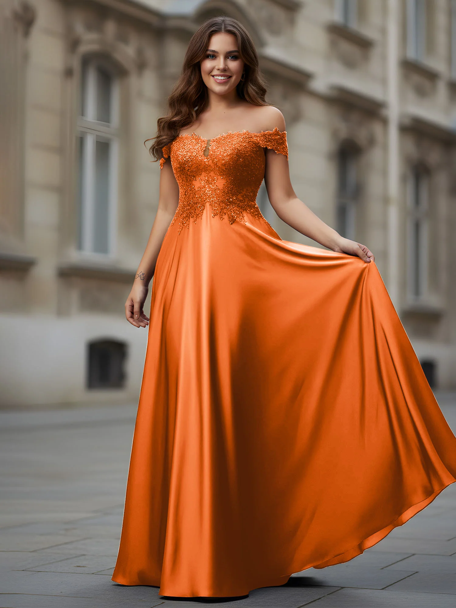 Off-the-shoulder Applique Bodice A-Line Long Dress Orange