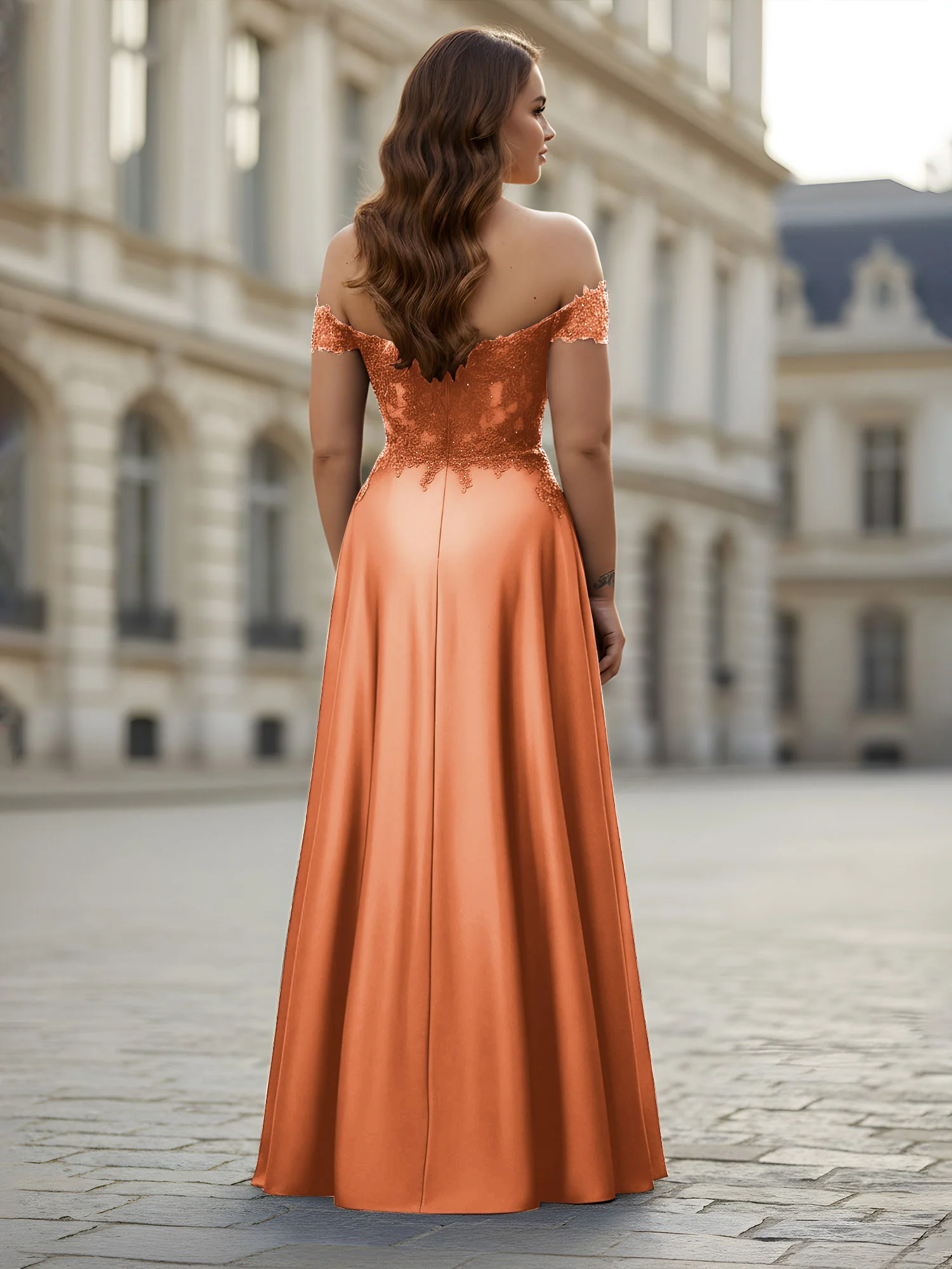 Off-the-shoulder Applique Bodice A-Line Long Dress Papaya - Image 2
