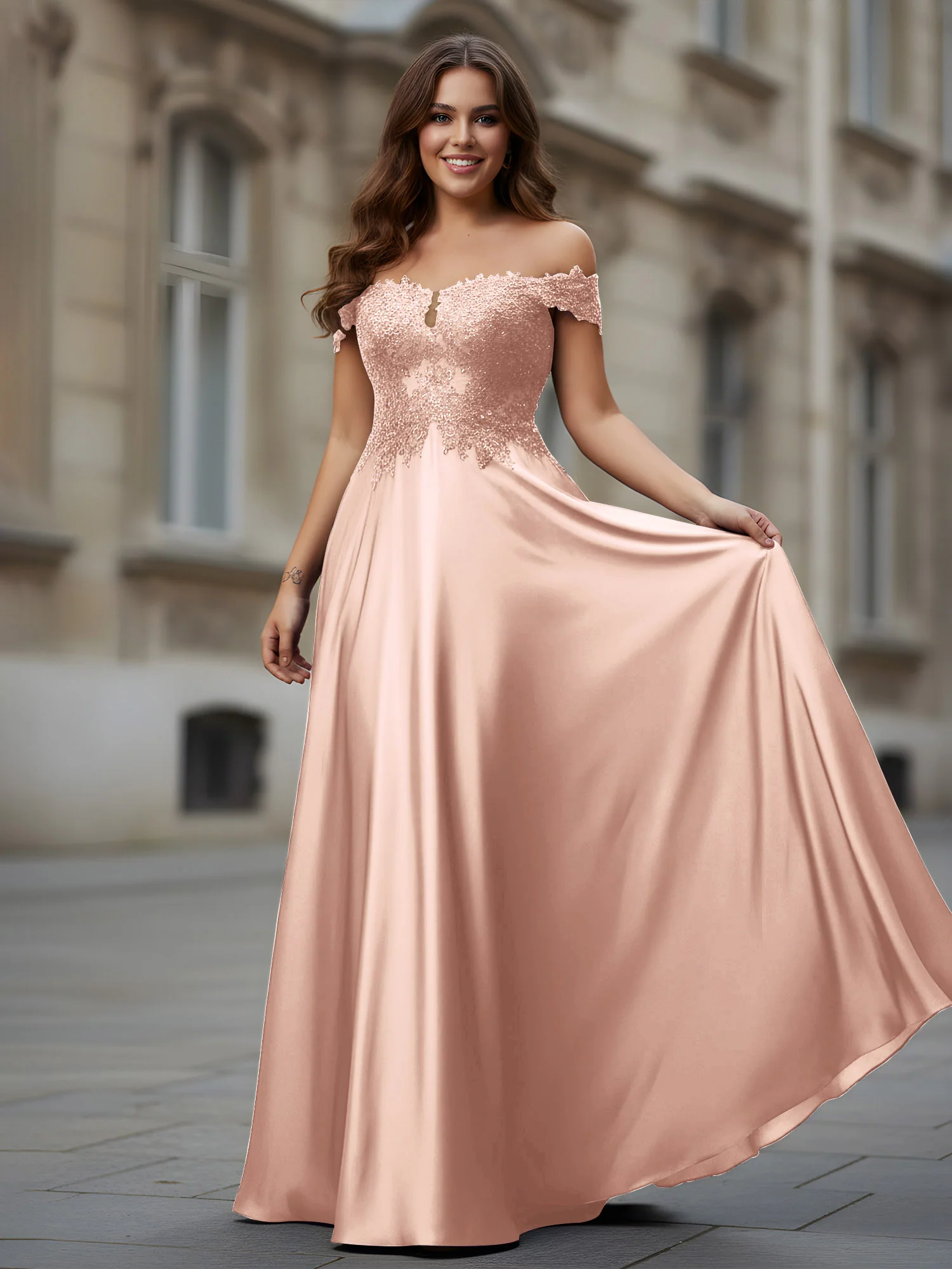 Off-the-shoulder Applique Bodice A-Line Long Dress Pearl Pink