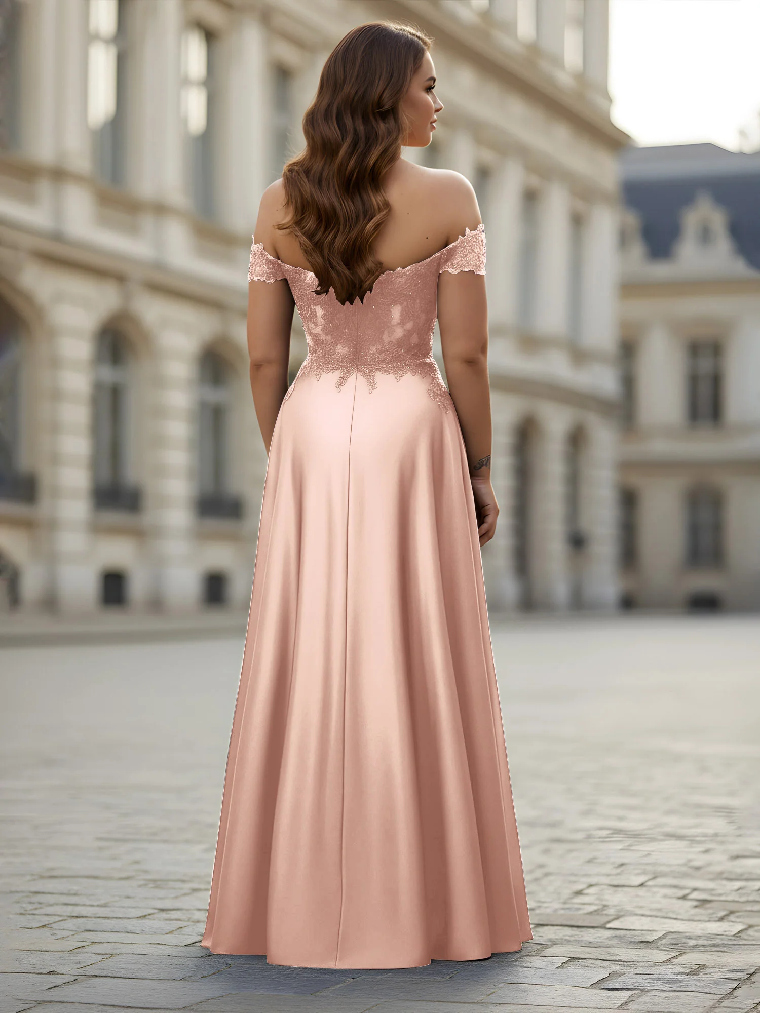 Off-the-shoulder Applique Bodice A-Line Long Dress Pearl Pink - Image 2