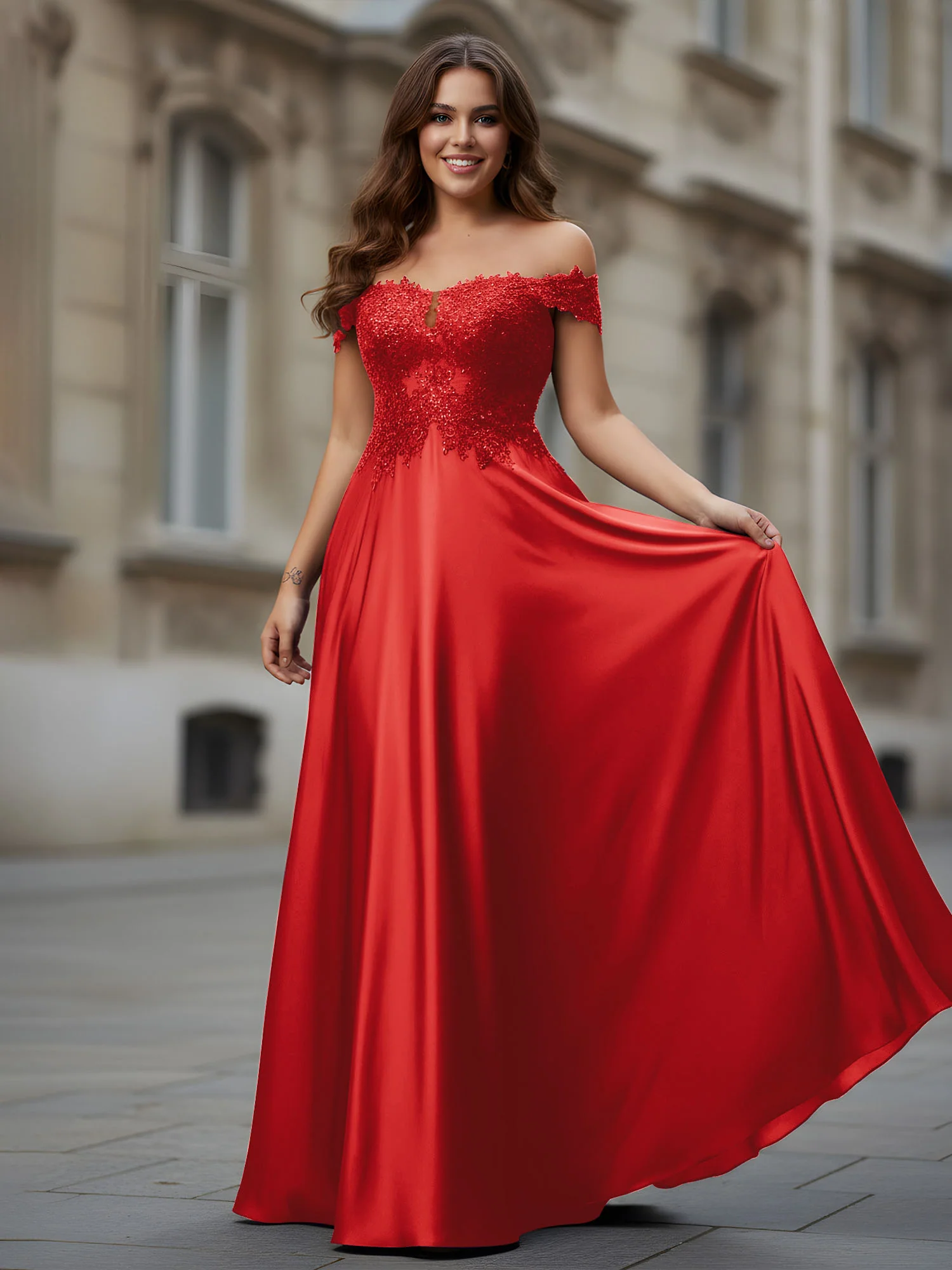 Off-the-shoulder Applique Bodice A-Line Long Dress Red