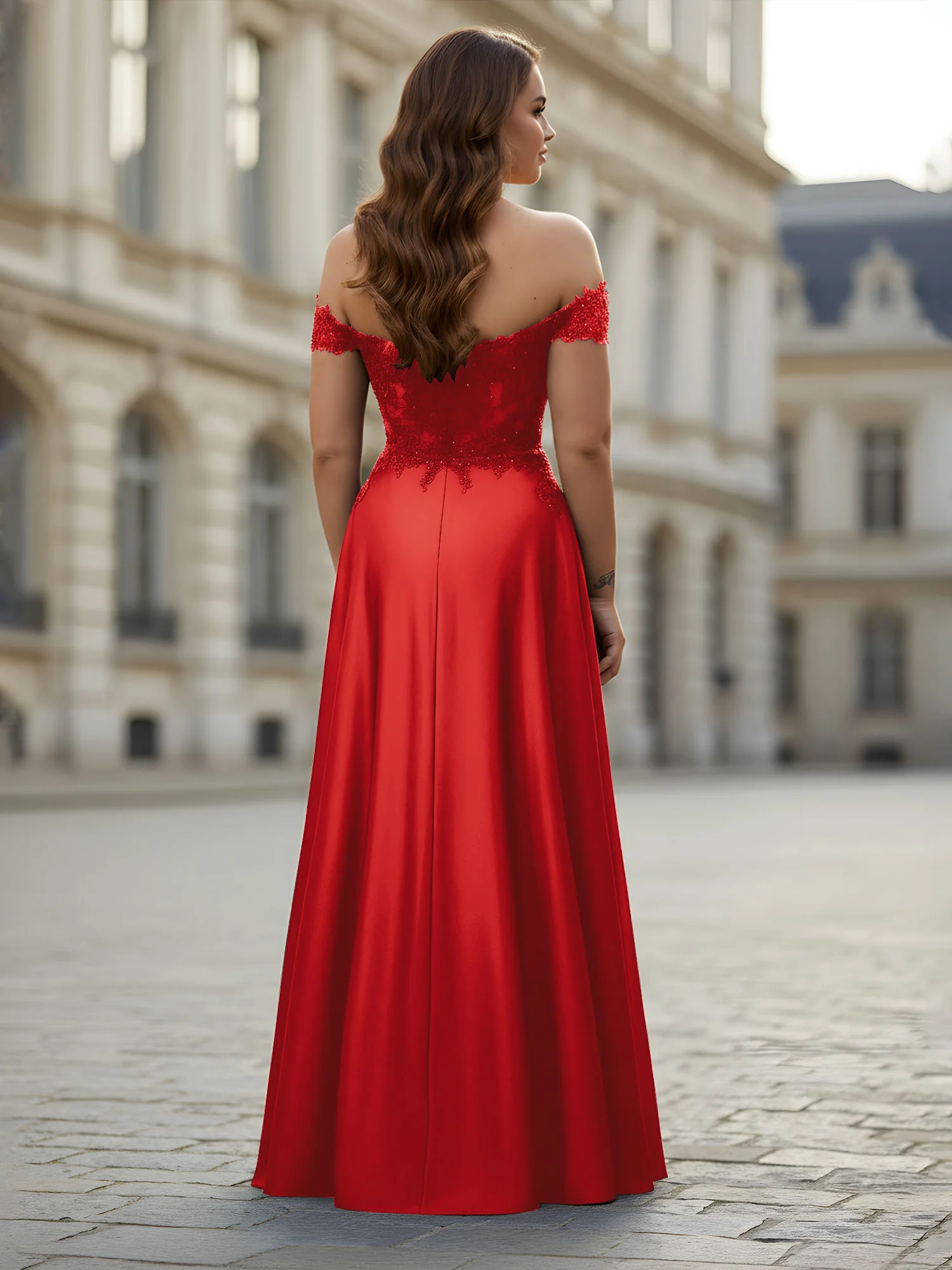 Off-the-shoulder Applique Bodice A-Line Long Dress Red - Image 2